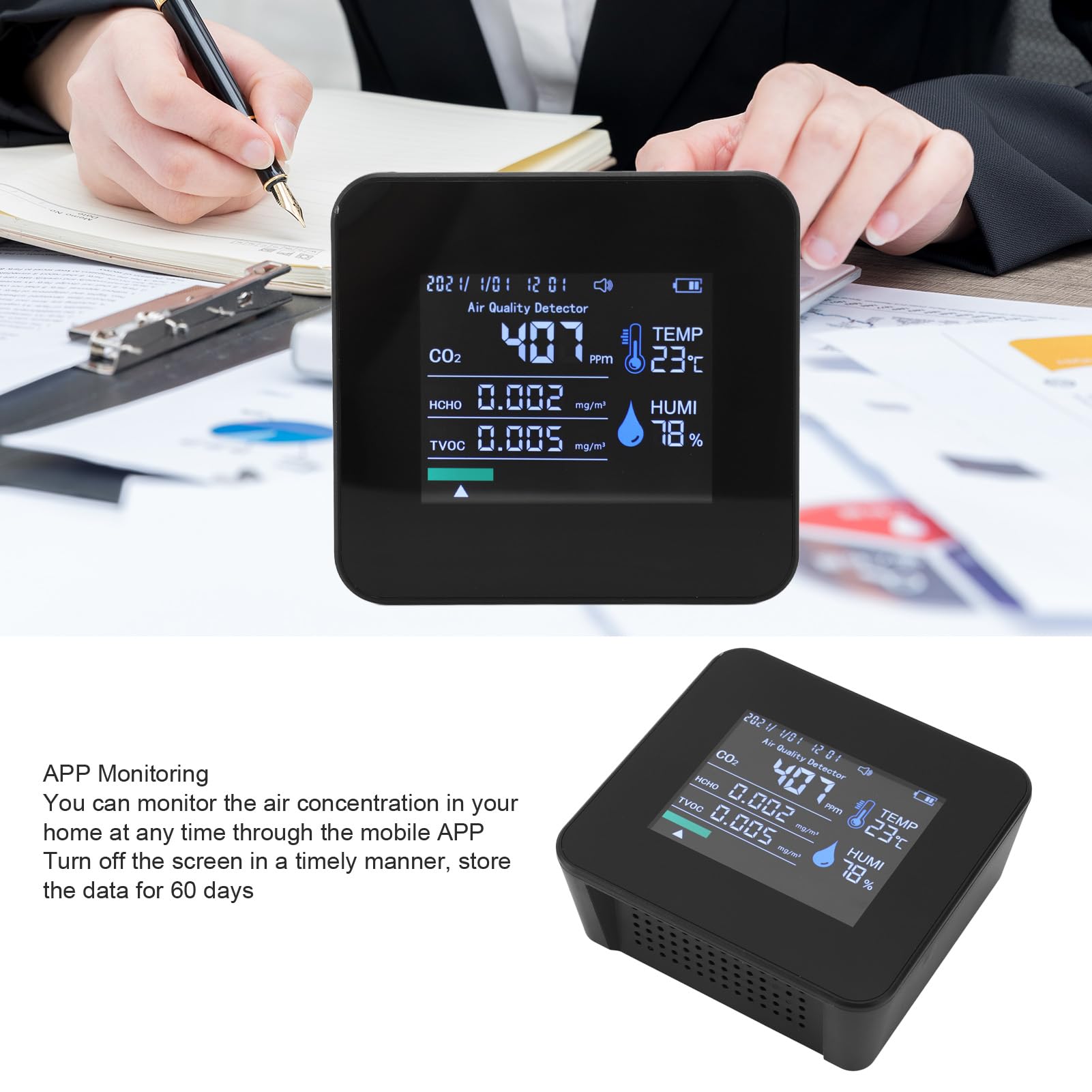 9 in 1 Indoor Air Quality Monitor,PM2.5 PM10 PM1.0 CO2 HCHO TVOC Temperature Humidity Time Display Air Quality Tester,for Home, Office, School & Hotel