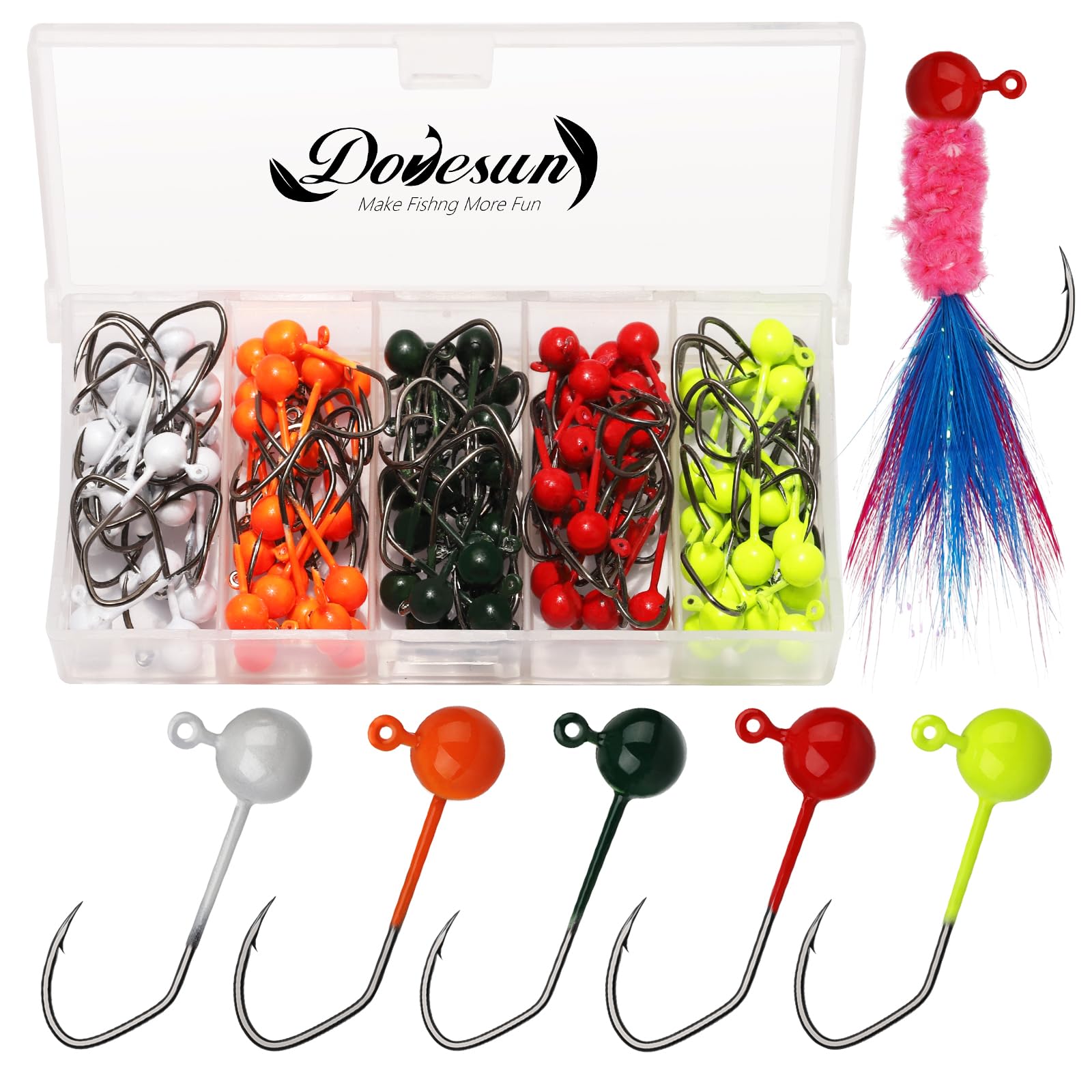 Dovesun 100pcs Fly Tying Jigs Kit, Jig Heads for Fly Fishing 1/124oz 1/80oz 1/64oz 1/32oz 1/16oz Jig Head Small Fly Fishing Hooks DIY Lure Making Kit Suit for Tying Flies | Crappie Lures