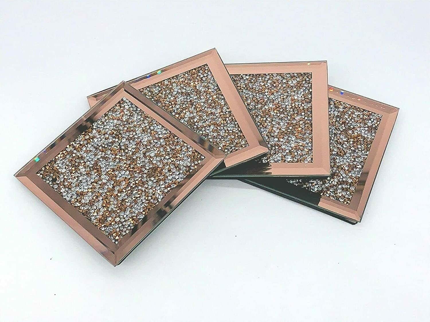 10x10cm ROSE GOLD Square Shape Sparkle Diamante Crushed Jewel Glass Glitter Coasters Set of 4