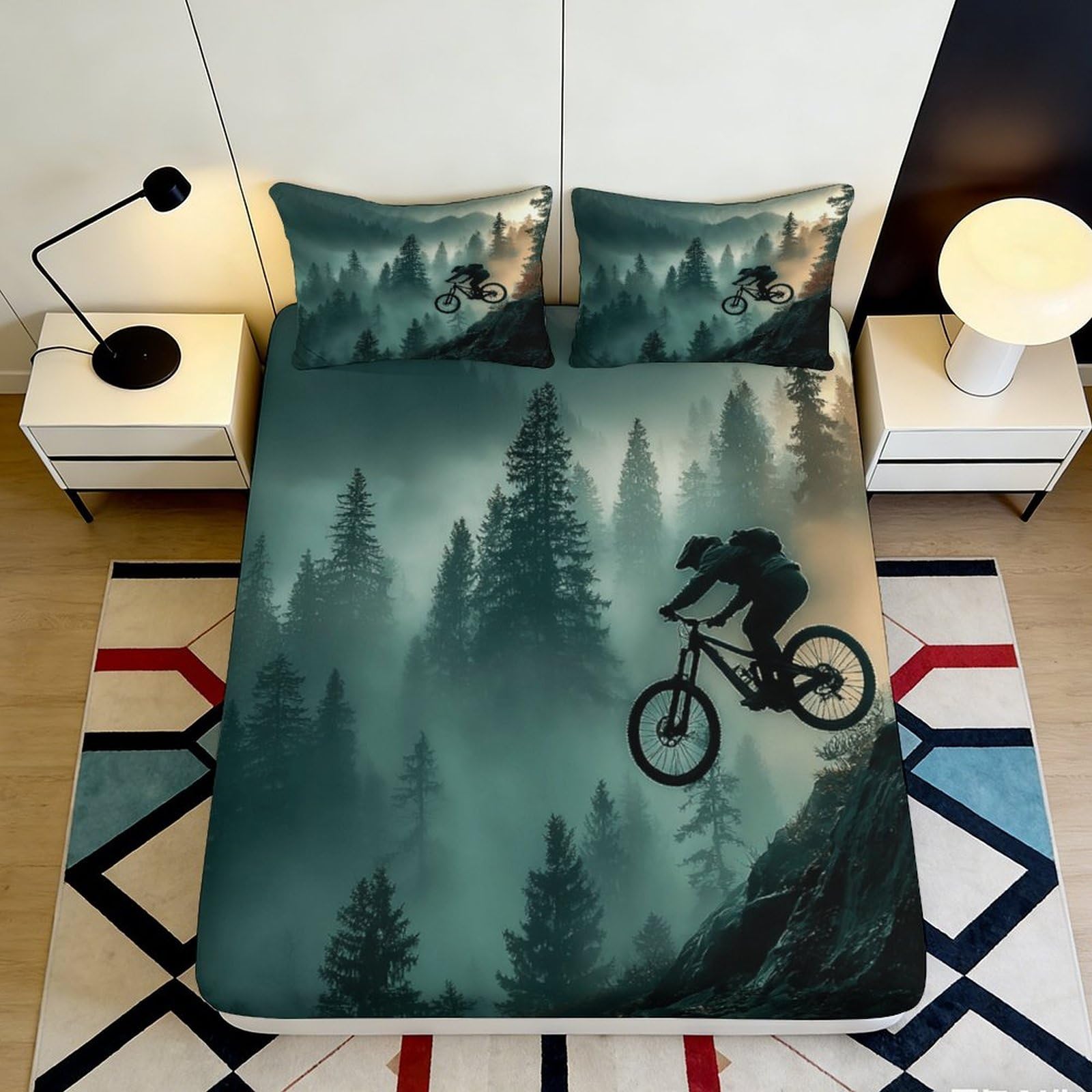 3D Printed Mountain Forest Fitted Sheet Microfiber Biking Adventure Bed Cover for Bedroom Dorm Mattress Decor 90x200x25cm