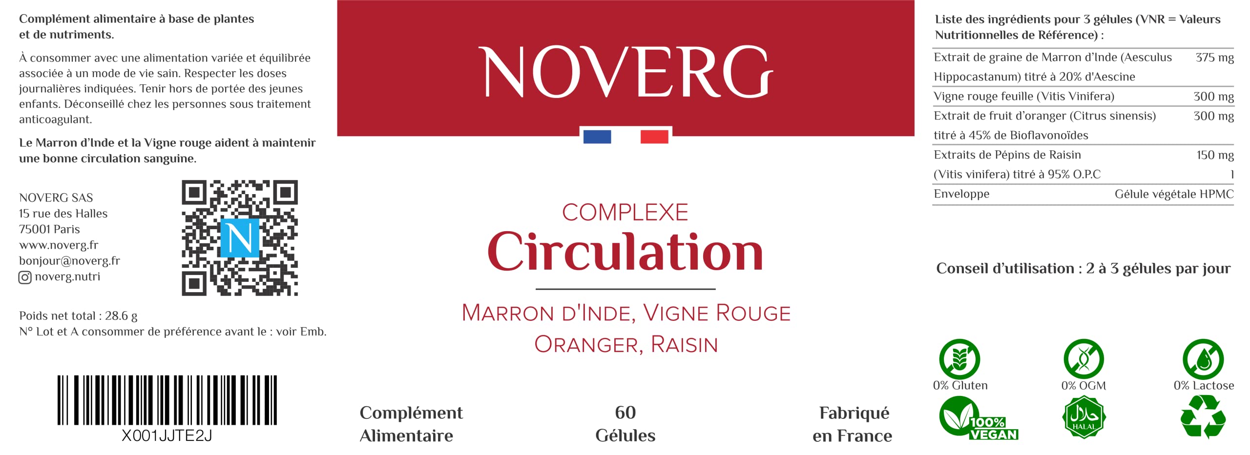 Circulation Sanguine | Jambes Lourdes, Chevilles Gonflées | Drainant pour Jambes Légères | Marron d'Inde, Vigne Rouge, Oranger, Raisin | Vegan | 60 Gélules pour 30 Jours | Fabriqué en France