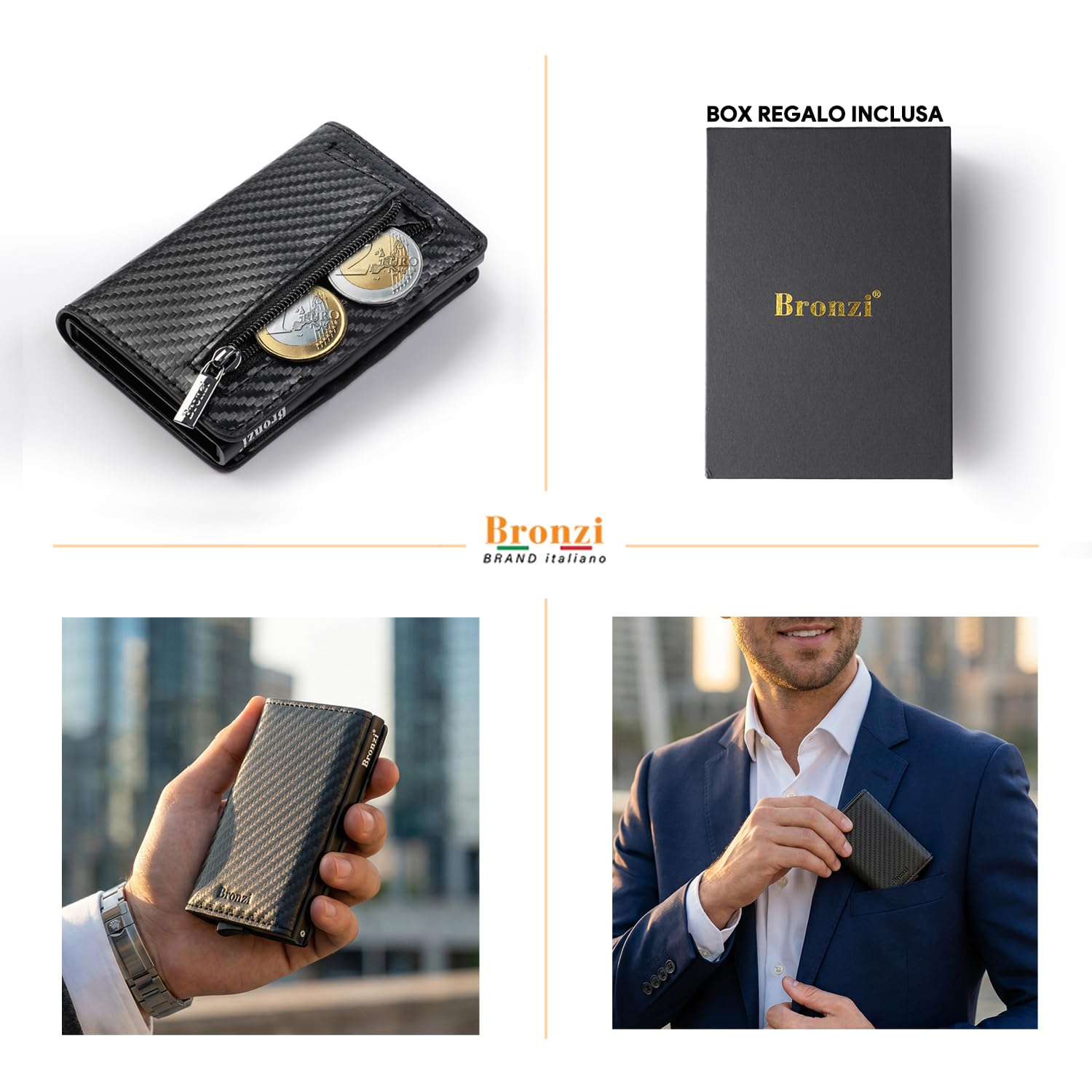 Portafoglio Uomo Slim Piccolo con Protezione RFID e Portamonete - Portacarte Donna Portatessere - Brand Italiano