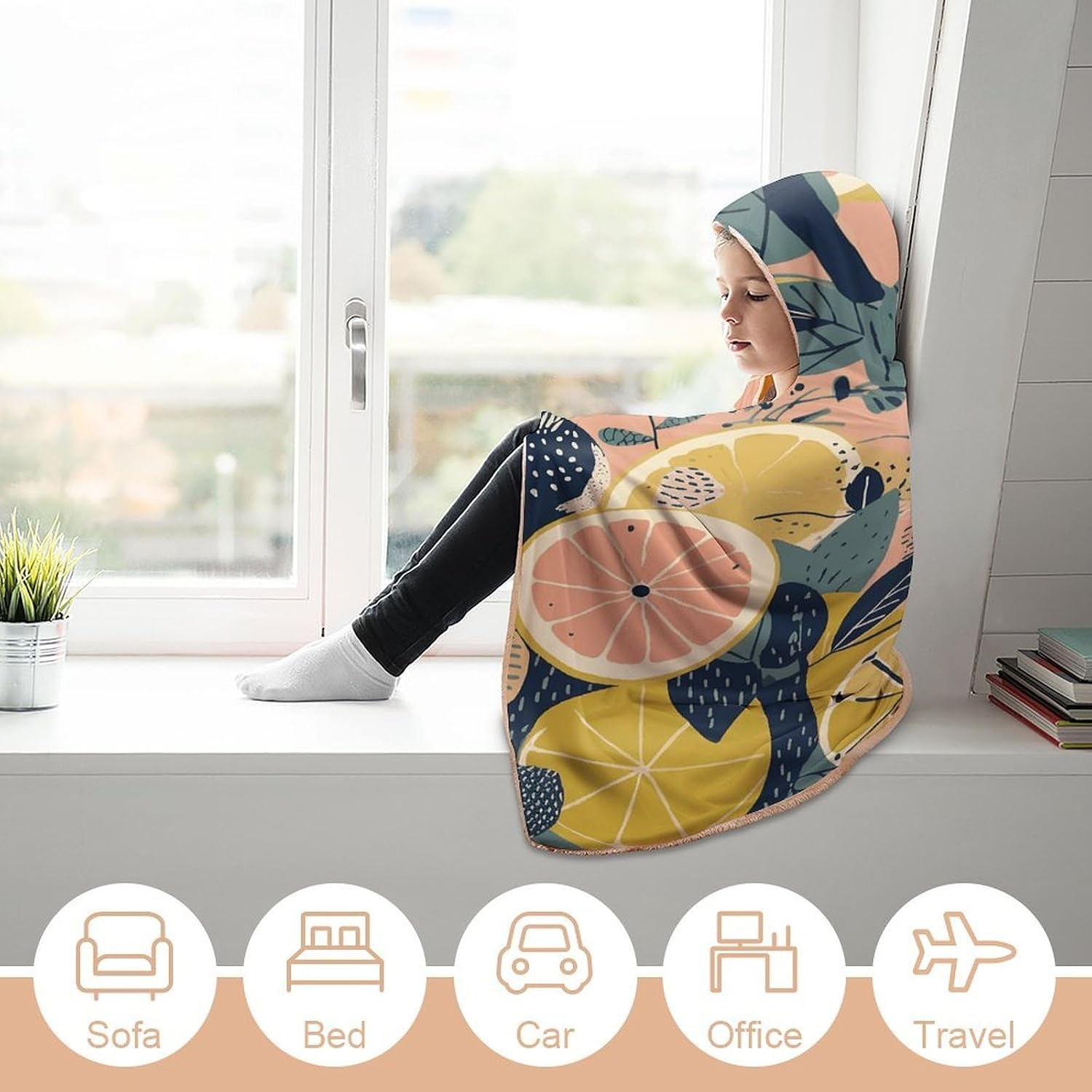 Fruit And Leaves Pattern Hooded Blanket Cozy And Functional,Wearable Blanket Hoodie for Women Men,Blanket Poncho Presents60 x80