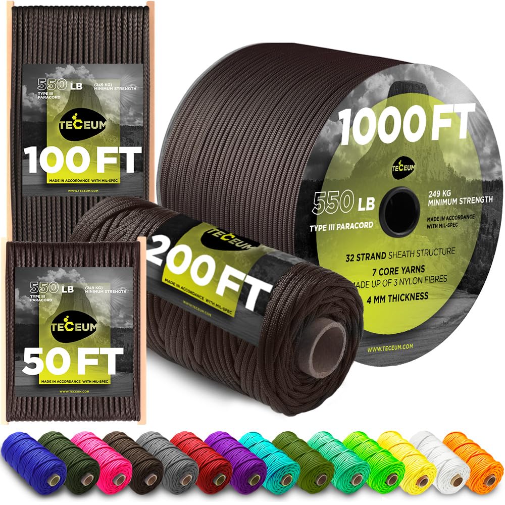 TECEUM Paracord Type III 550 Chocolate – 15 m – 4mm – Tactical Rope MIL-SPEC – Outdoor Para Cord – Camping Hiking Fishing Gear and Equipment – Parachute Cord – Strong Survival Rope (50ft) 014 — image 1