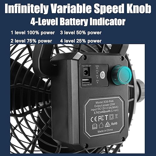 Miniatura 5 de Ventilador de piso portátil para exteriores con luz de emergencia, funciona con batería de 14400 mAh, soporta carga de batería de automóvil de 12 V