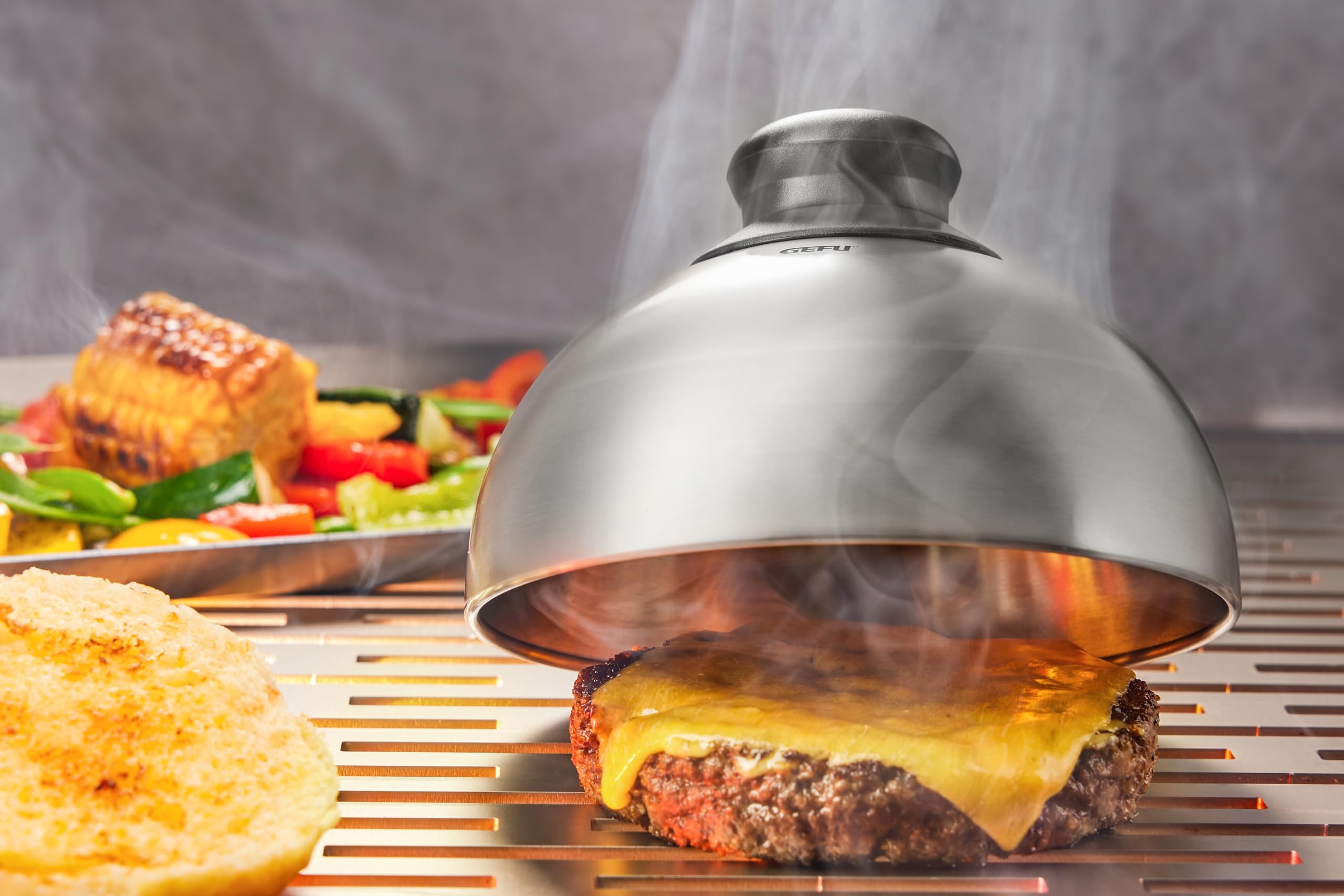 GEFU 4-teiliges BBQ Burger-Set - Burgerpresse, Schmelzglocke & Ring
