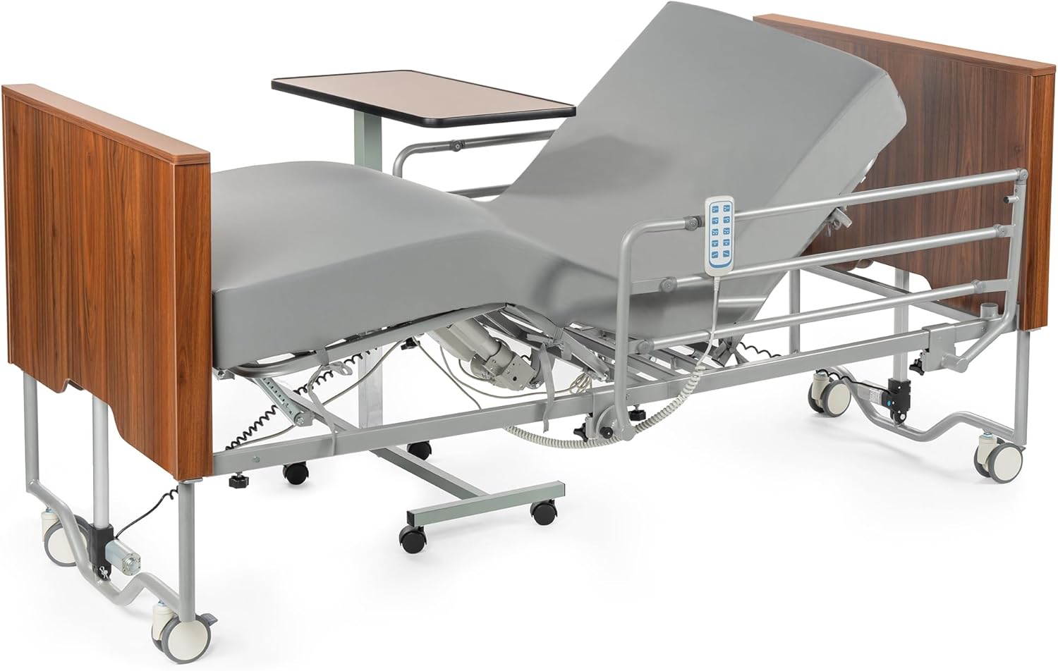 Hospital Bed with 5 Electric Functions, Ultra Low Electric Medical Bed with Movable Dining Table & 6" Foam Mattress, Adjustable Height 8”-23.4”, 530 lbs Capacity