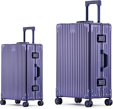 Metal All Aluminum Carry-on Luggage TSA Customs Lock Zipperless Silent Rotary Wheel Business Suitcase Aluminum Frame Set blue, 2Piece20/26