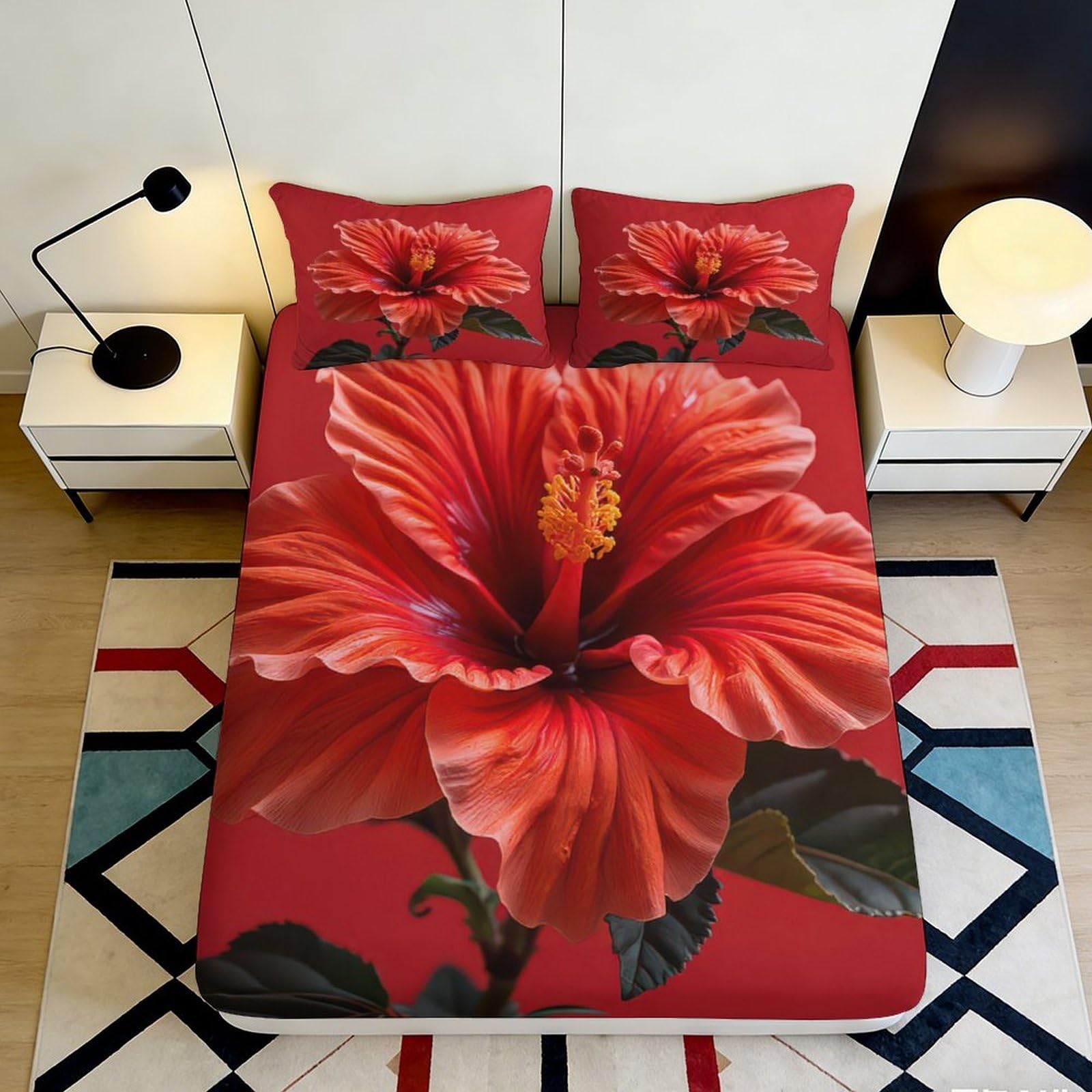 3D Printed red hibiscus Fitted Sheet, soft touch Microfiber, wrinkle resistant, apartment bedding, anti-slip, washable, bedroom decor 90x200x25cm