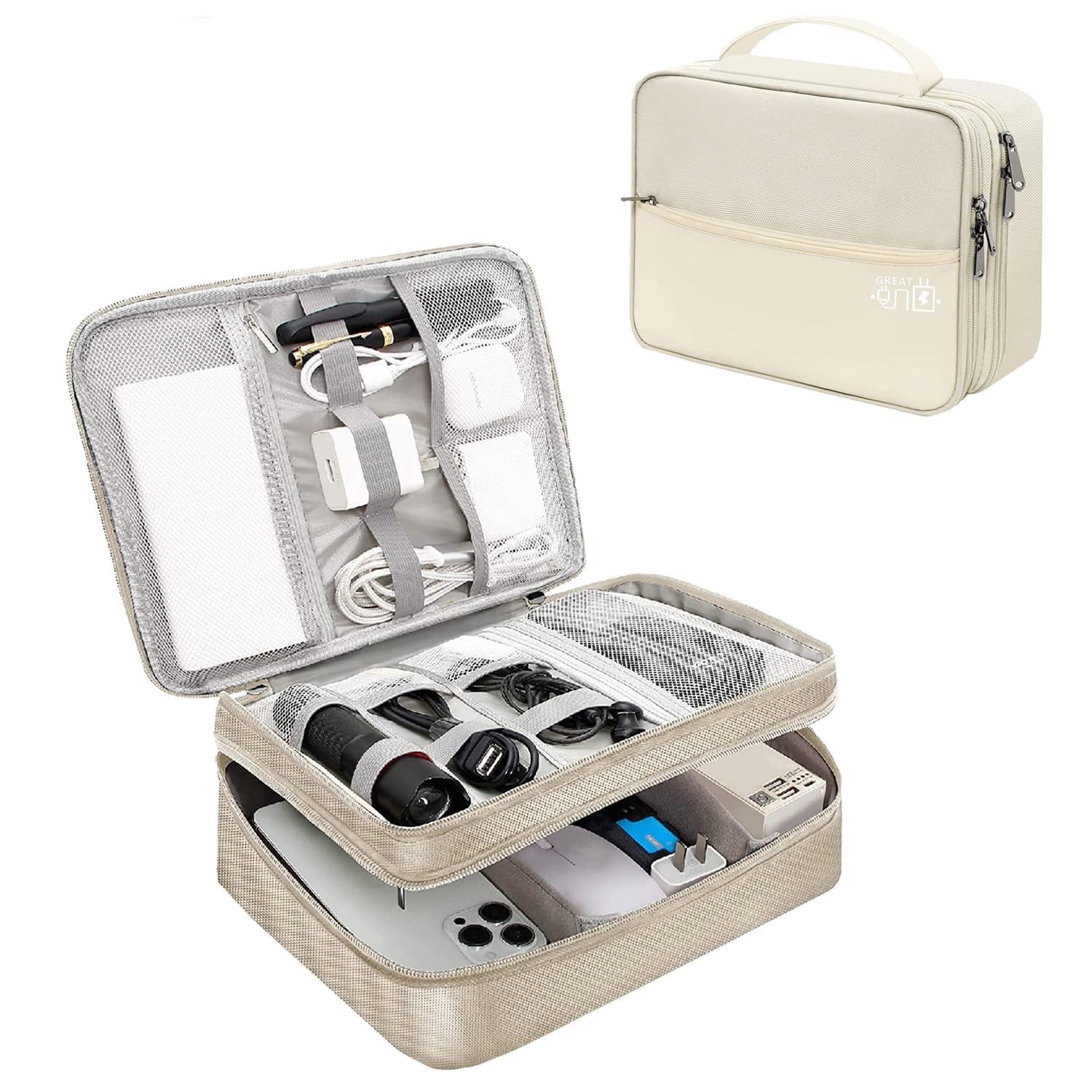 Plarity Large Electronics Travel Organizer Bag - Double Layer Tech Pouch for Tablet, Earphones - Portable Charger Storage Bag with Handle (Beige) (B0CY57V8JQ) Amazon Price History, Amazon Price Tracker