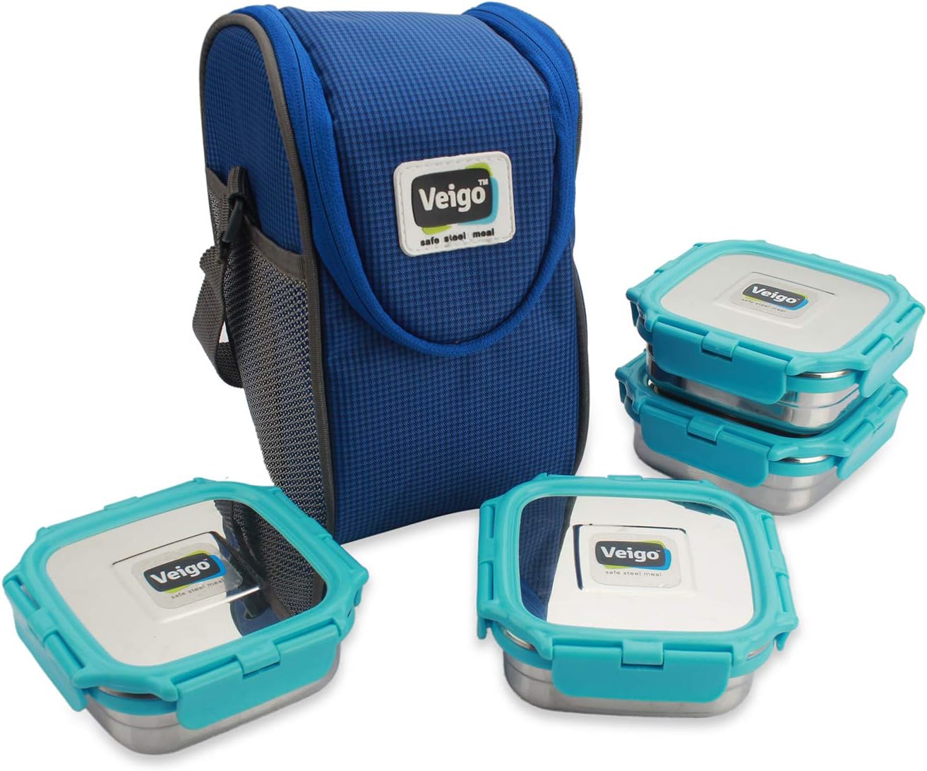 VeigoPremium Finish Lock N Steel 4 Container with Lunch Bag, Airtight Leakproof Lunch Box Sleek & Compact Design Easy to Carry Perfect for Office,School,Outdoor Sky Blue 4 Pieces, Medium - 330 ml