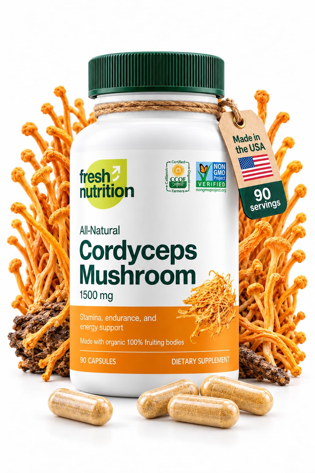 Βιολογικές κάψουλες Cordyceps (Cordyceps Sinensis Mushroom Extract)- 1500mg ανά υπηρεσία - Ενέργεια & Stamina Υποστήριξη - Πλούσιο σε άλφα γλουκάνη - Vegan, μη ΓΤΟ, χωρίς γλουτένη - 90 κάψουλες