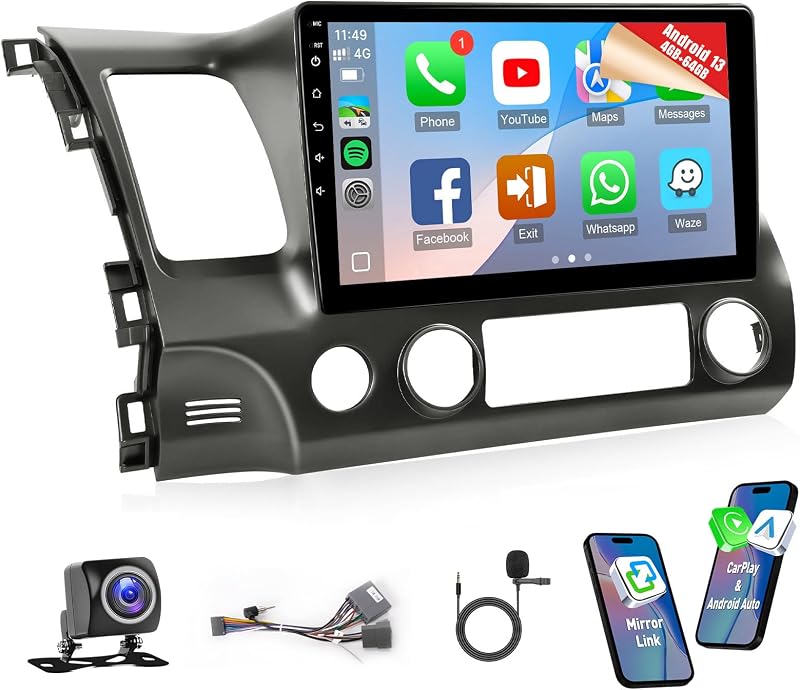 Niafay Android Car Radio for Honda Civic 2006 2007 2008 2009 2010 2011 | 8Core 4G+64G 10.1inch IPS Screen for Civic Stereo with Carplay,Android Auto,Bluetooth,FM,GPS,WiFi,SWC,Camera
