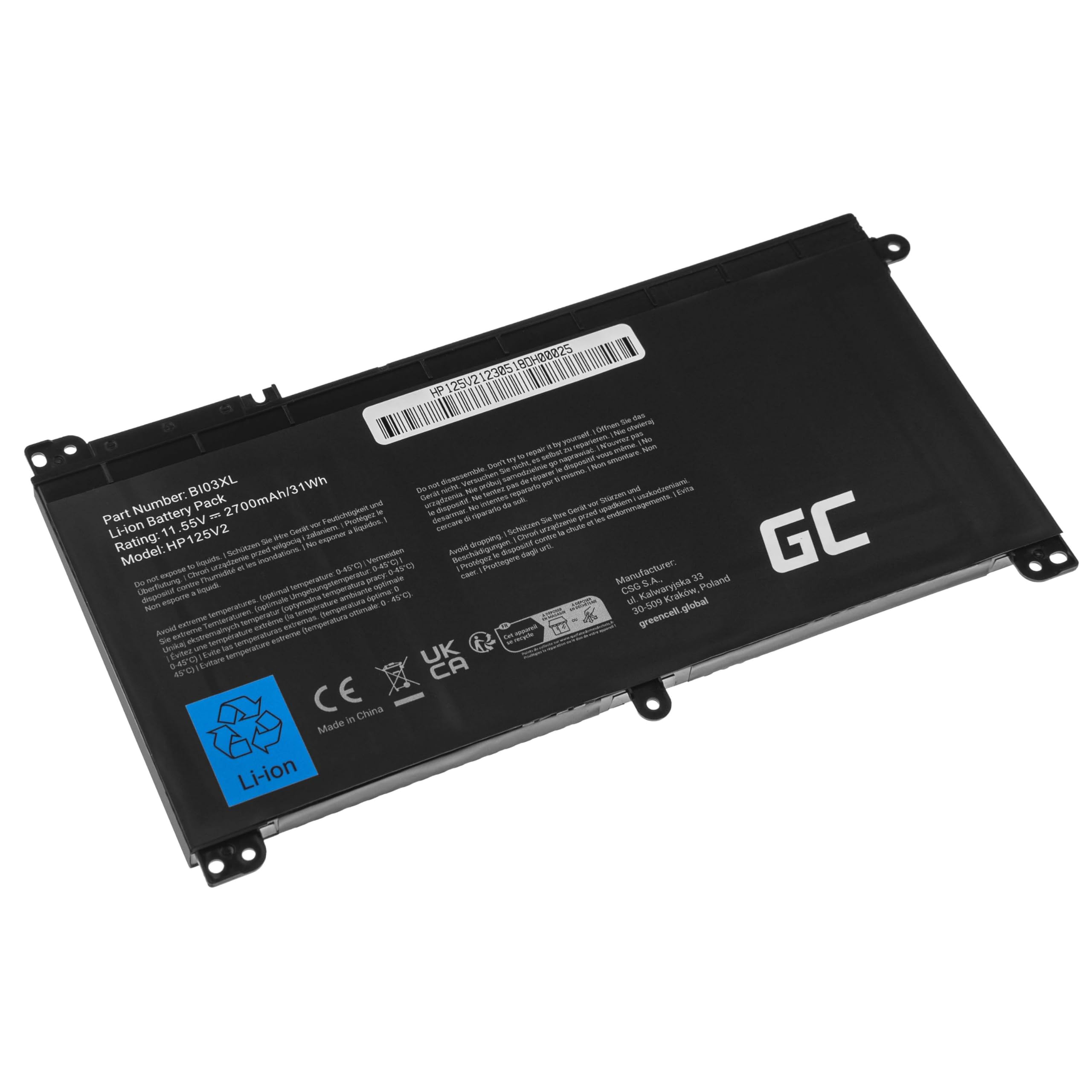 Green Cell 0N03XL 1LT72ES 843537-421 843537-541 844203-850 844203-855 B103XL BI03 BI03041XL BI03041XL-PR BI03XL HSN-I08C HSTNN-LB7P HSTNN-UB6W Batteria per HP Portatile (2700mAh 11.55V Nero)