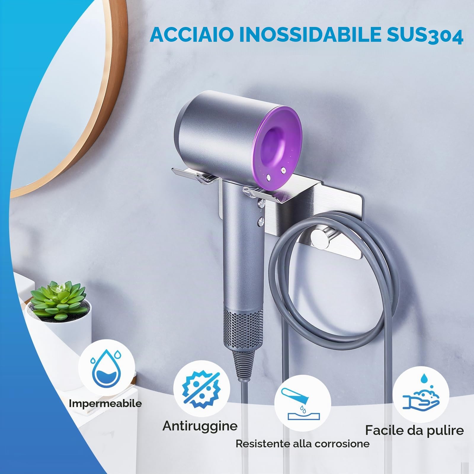 Porta Asciugacapelli da Parete, Porta Phon da Muro Supporto Phon da Parete Metallo,Supporto Adesivo per Asciugacapelli da Appendere per Armadietto Bagno Camera da Letto Barbieri (Argento)
