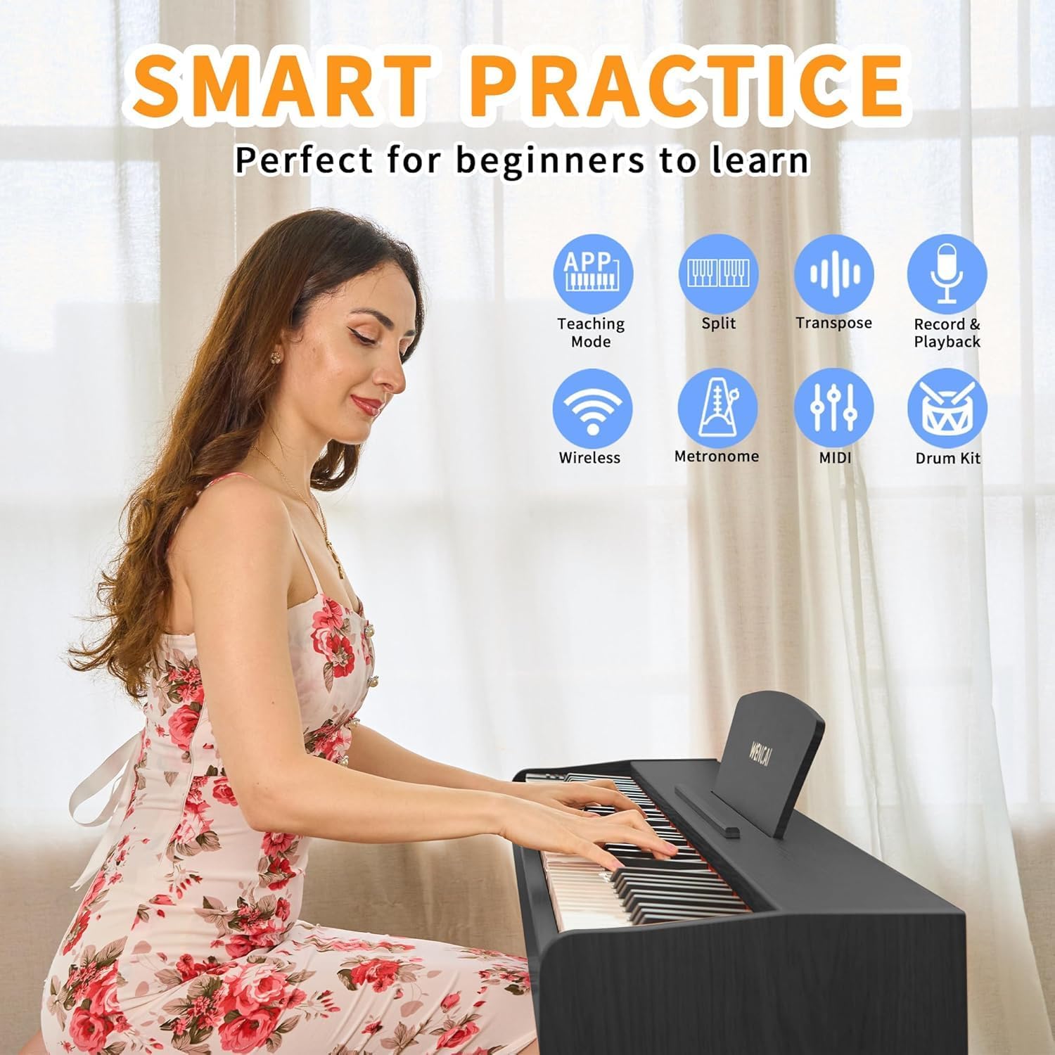 Assembled WENCAI digital piano from a side view, showing the wooden stand and pedal unit.