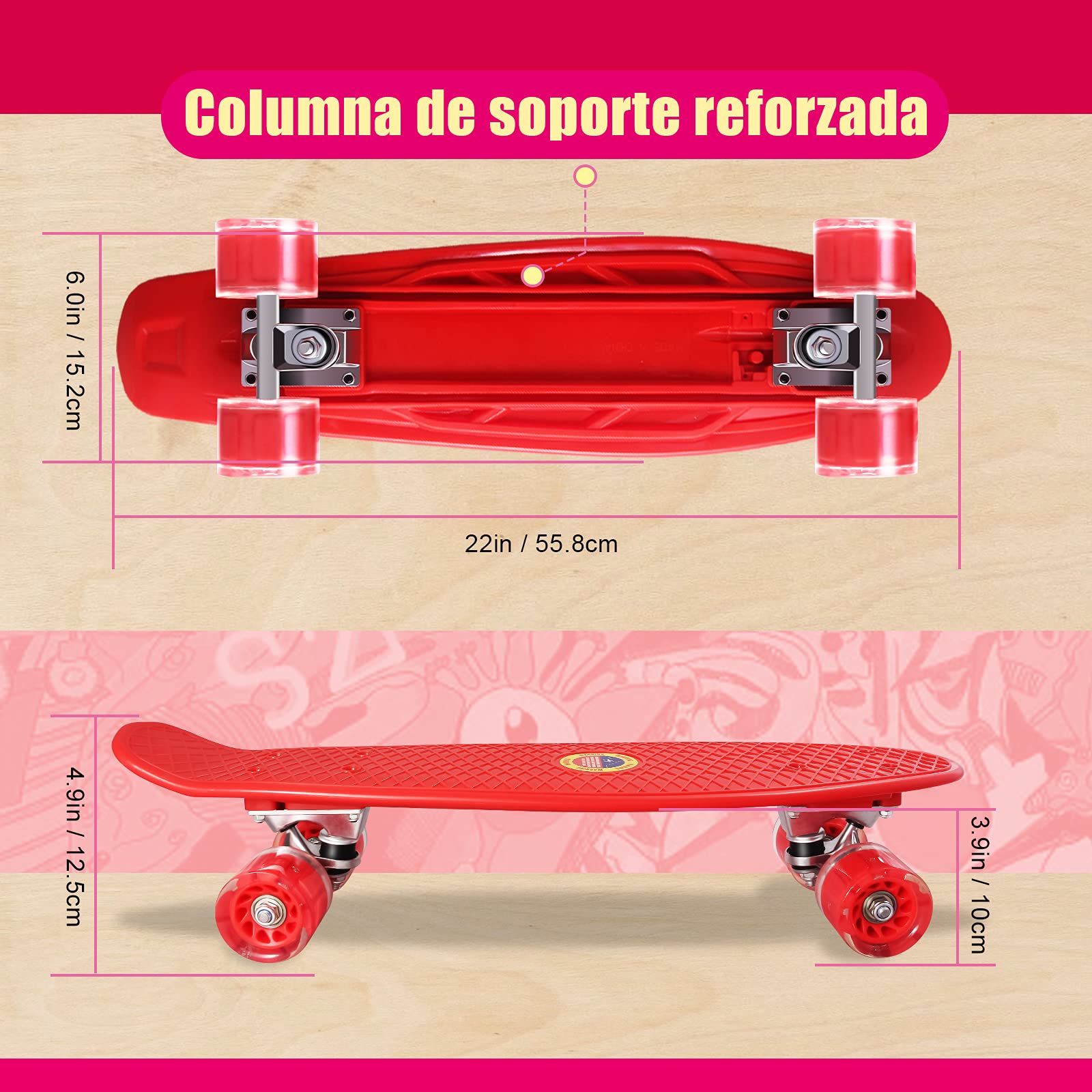 Monopatín Skateboard Completo Niños con 4 Ruedas LED para Niño y Niña Penny Board Mini Cruiser de 55CM con Herramienta T de Patinete Todo-en-uno — view 5