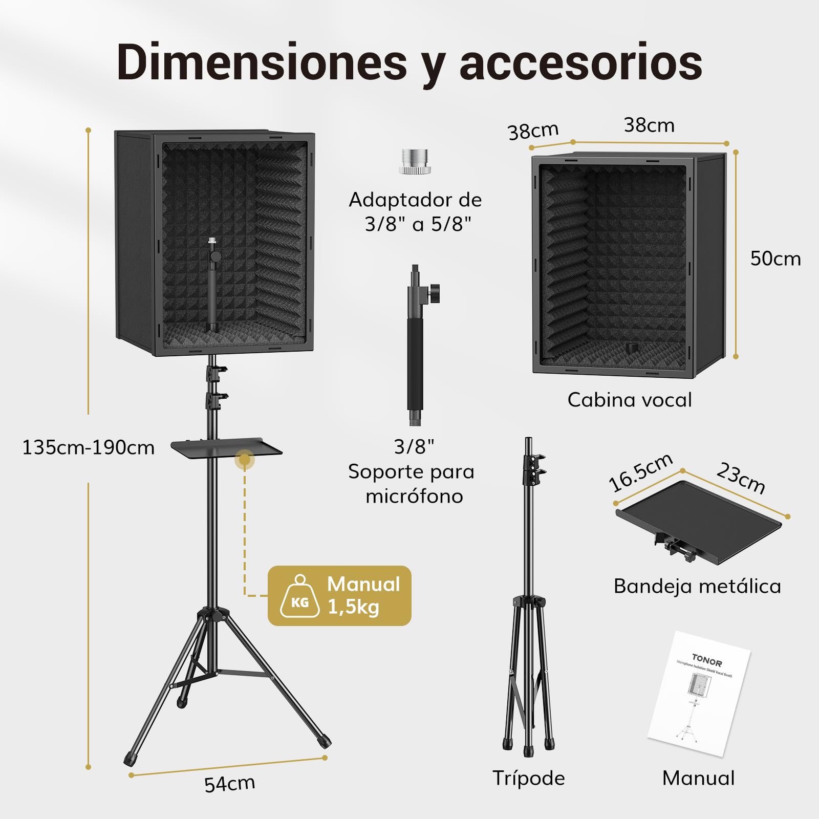 TONOR Escudo de Aislamiento de Micrófono para Estudios, Caja de Espuma Acústica Enmarcada para Grabación Profesional, Filtro de Micrófono para Absorción de Sonido, Cabina Vocal, Podcast, 190 cm