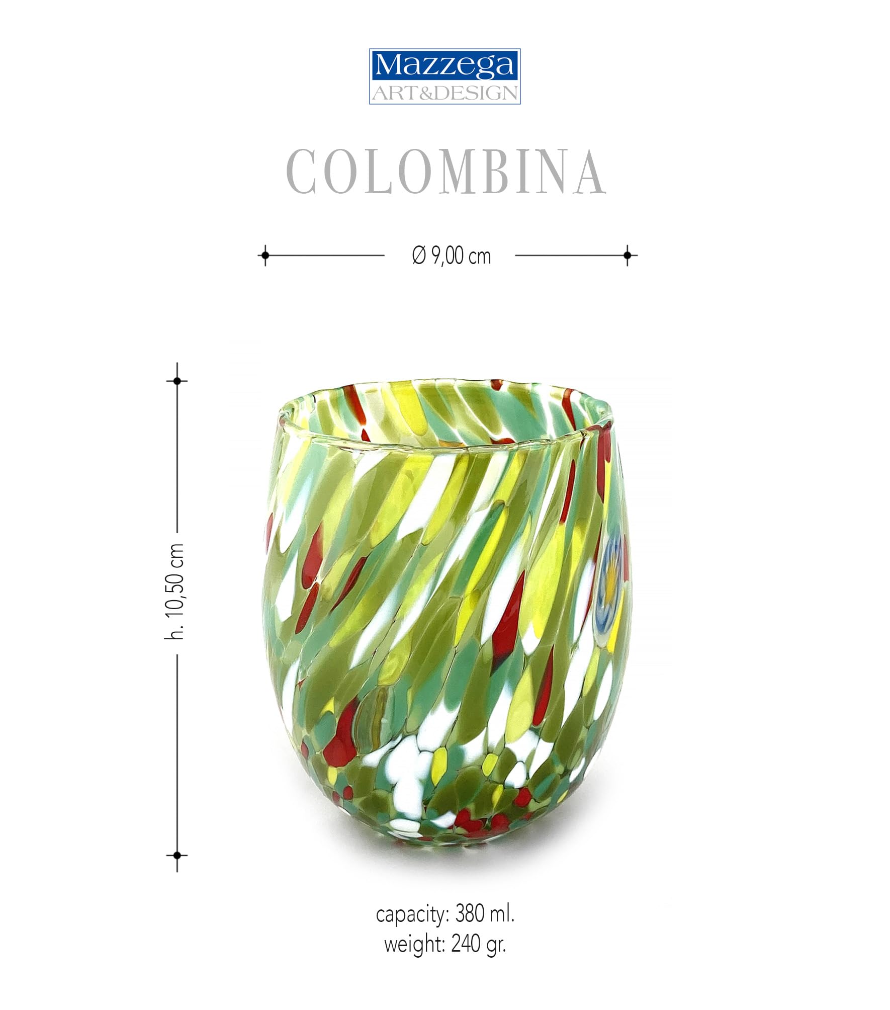 MAZZEGA ART & DESIGN – 6 Bicchieri Acqua Big Colombina in Vetro Soffiati e Lavorati a Mano con Murrine di Murano, linea “I Colori di Murano” 435 ml. Made in Italy (MIX GIFT BOX, 6)