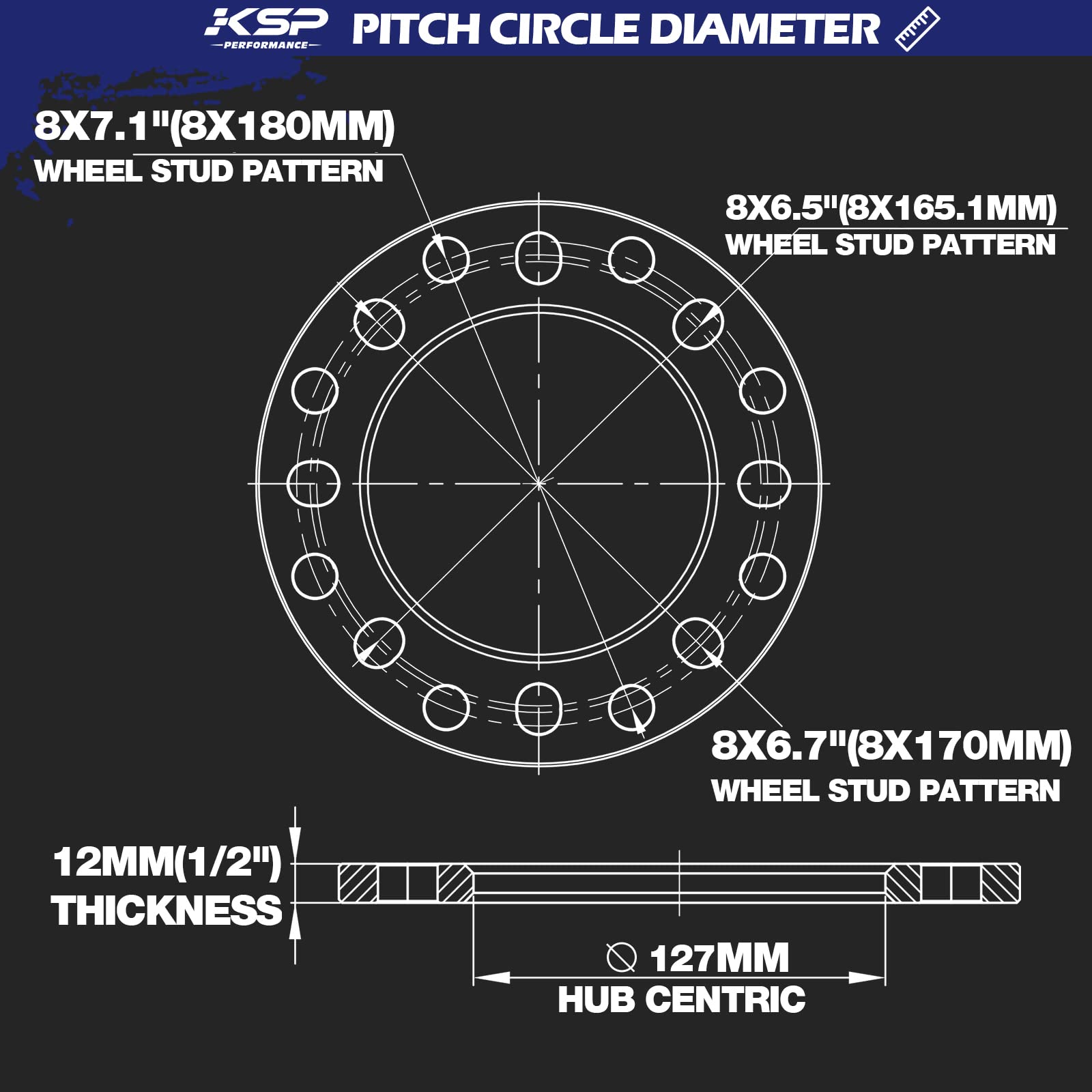 KSP 12mm 8 Lug Universal Wheel Spacers, 1/2 inch 8x6.5 8x165.1 8x170 8x180 for Ford F250 F350 Ram 2500 3500, 4PCS CNC Machined Spacer for Express 3500 Silverado Suburban 2500 Sierra 2500HD 3500HD