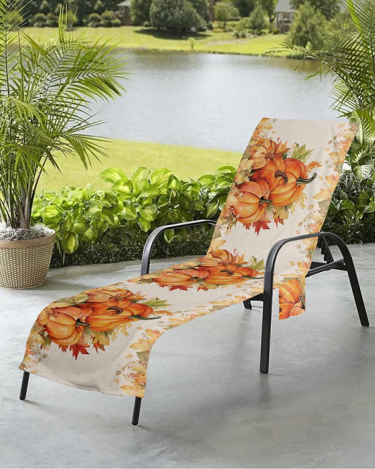 Thanksgiving Pumpkin Beach Chair Towel Covers for Chaise Lounge With Side Pocket, Soft Plush Pool Towels Cover for Patio Sunbathing Outdoor 29''x85'' Watercolor Orange Art