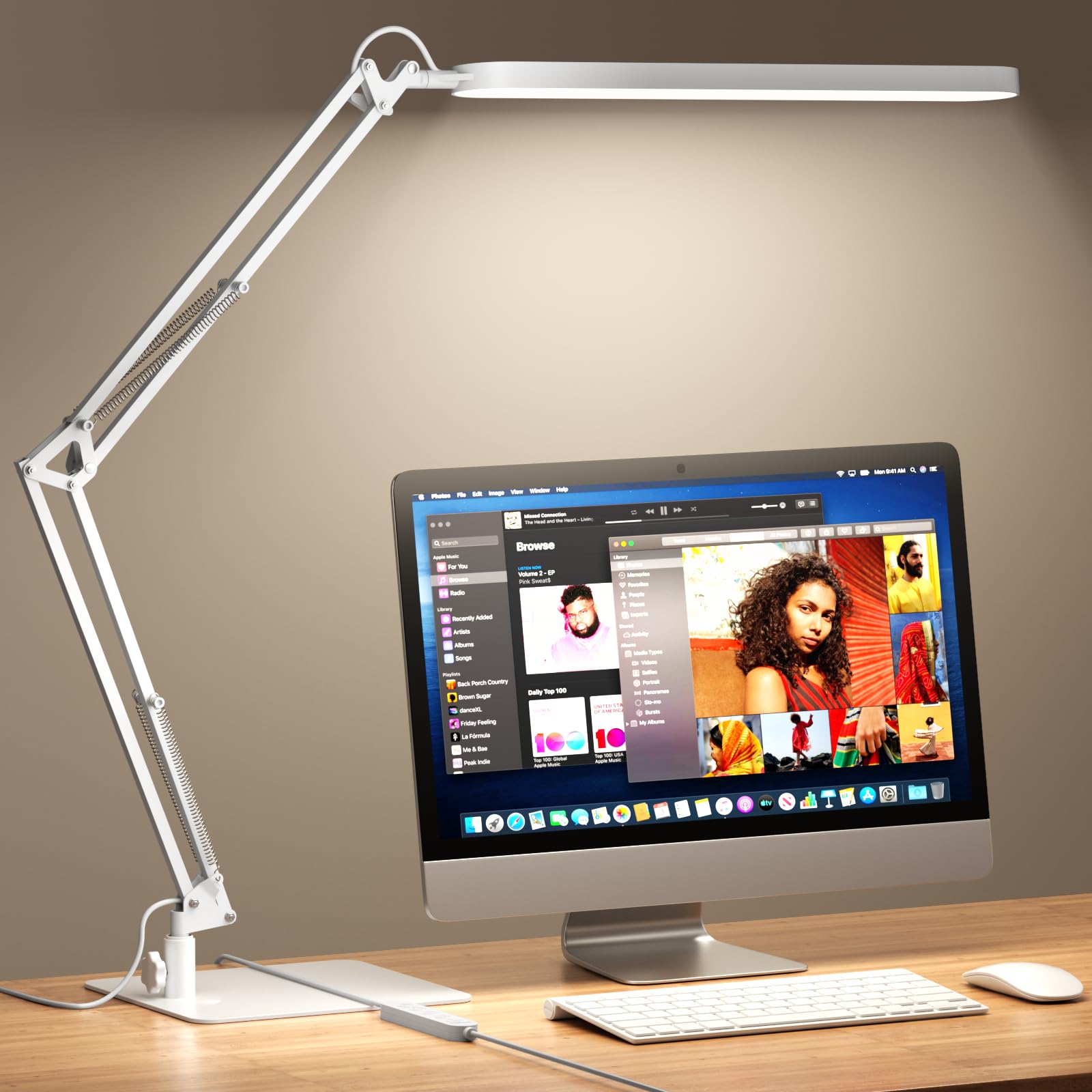 SKYLEO Lampe de Bureau - Base Ultra-Mince Et Bras Articule Reglable Lampe Bureau , Fonction Timer, Fonction De Memoire, 1300LM, 12W, Blanc