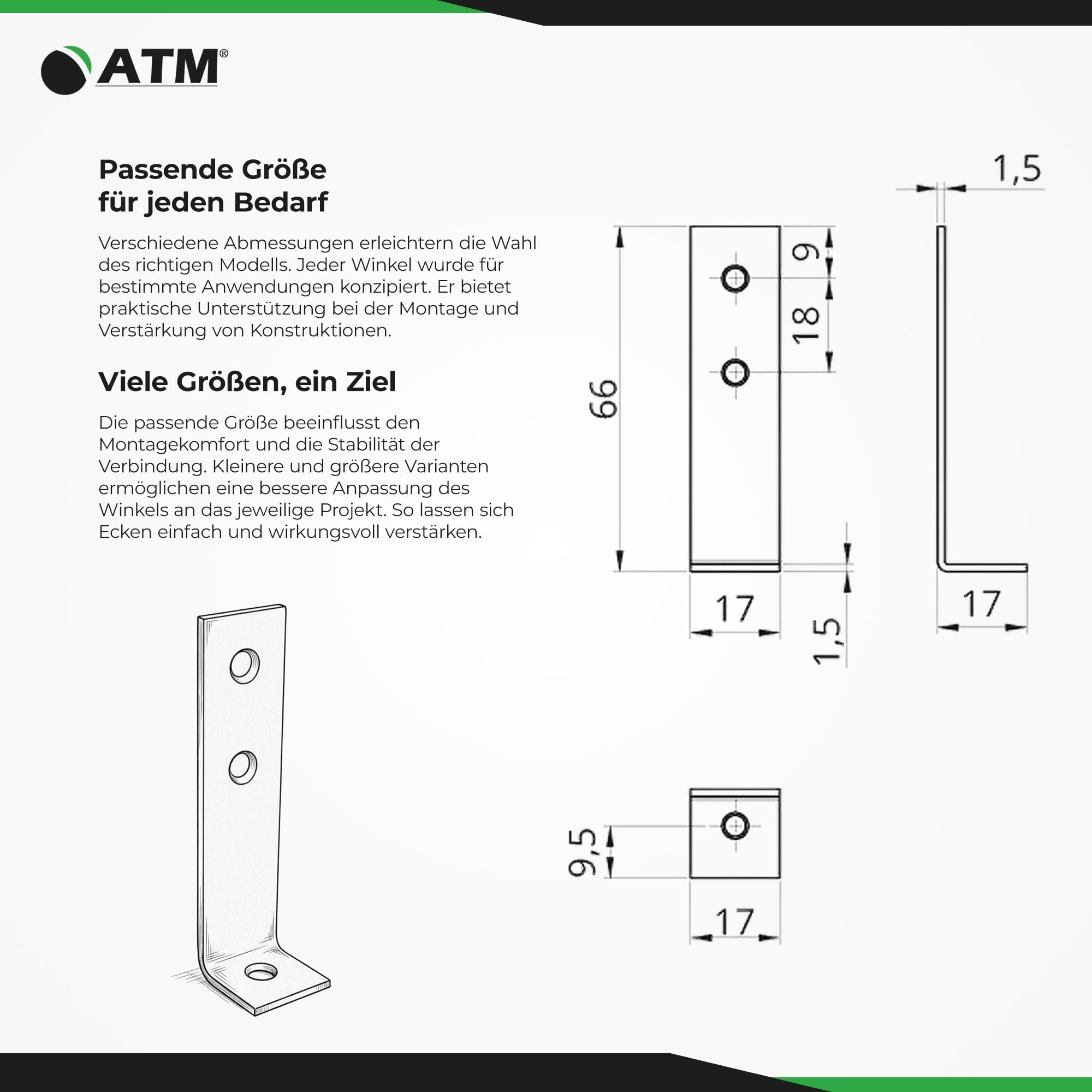 ATM Winkelverbinder Stuhlwinkel Winkelverbinder Galvanisch Möbelwinkel - Metallwinkel 66×17×17 x 1,5 mm – 100 Stück, Montagewinkel 90 Grad, Befestigungswinkel Möbel, Regal, Tisch, Stuhlwinkel, DIY