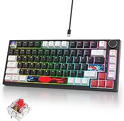 Teclado mecânico para jogos 75% – Teclado personalizado RGB retroiluminado com botão, suporte de junta USB com fio, 82 teclas (branco, preto, linear, vermelho)