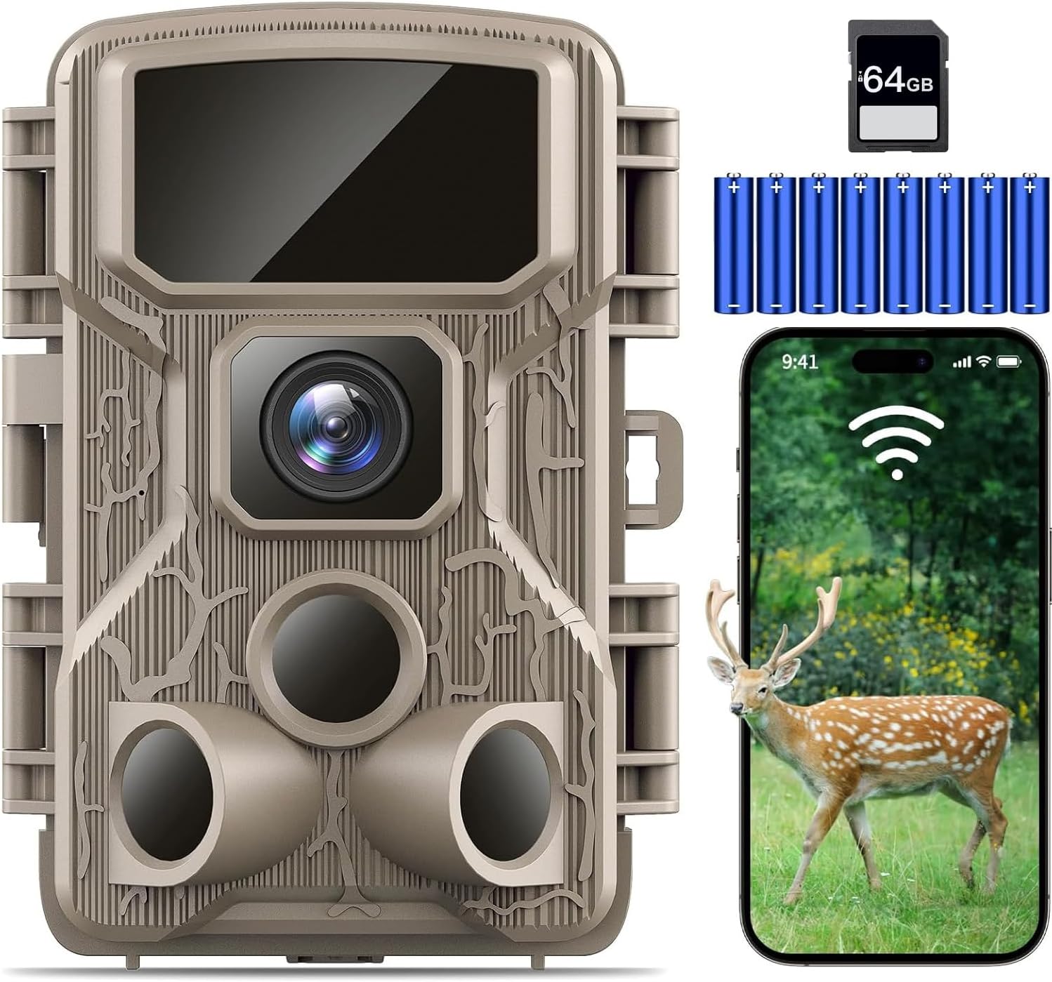 6K 64MP WiFi Trail Camera - Night Vision, Motion Activation, IP67 Waterproof, 130° Wide Angle - Wireless Outdoor Game Cam