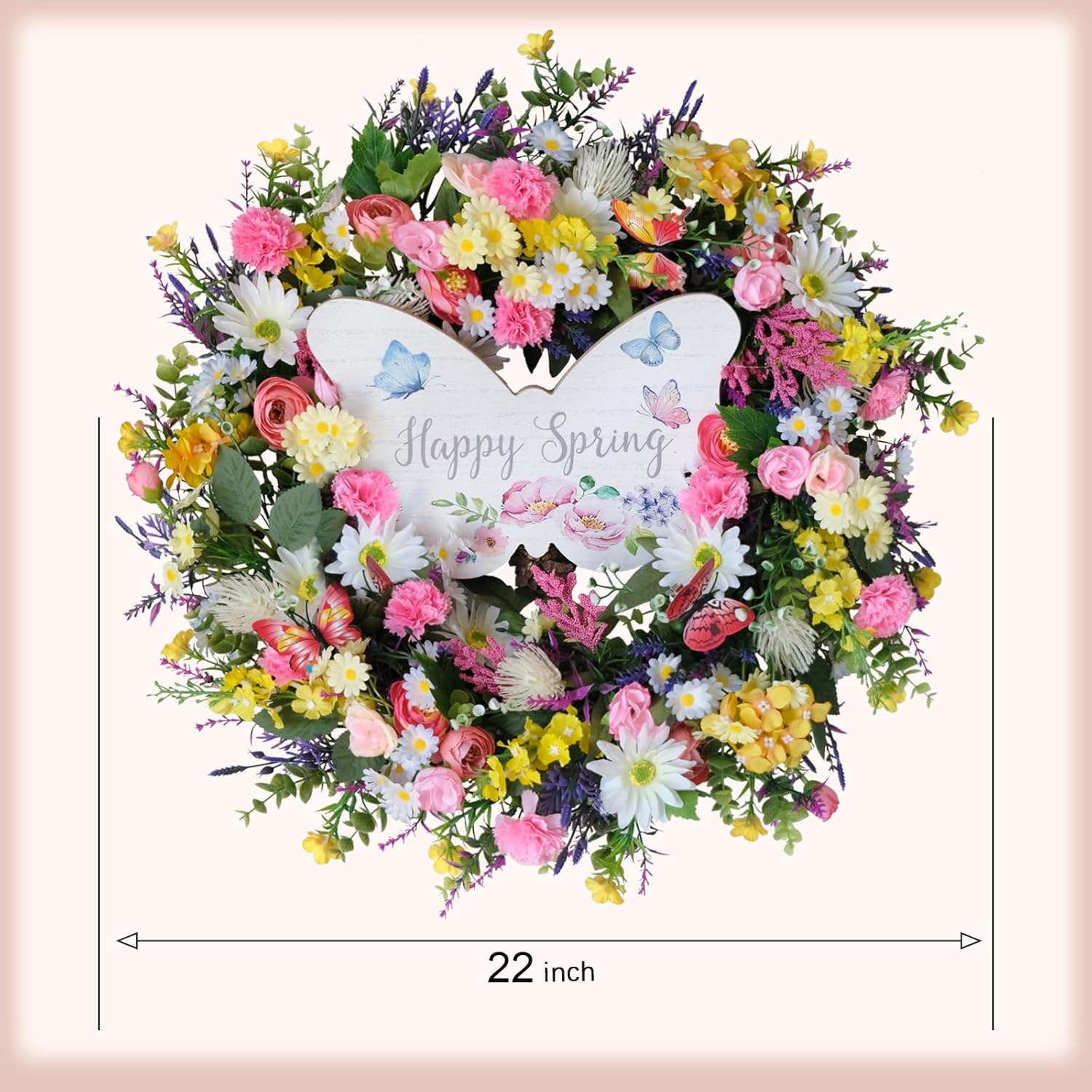 idyllic 22 Inch Spring Summer Wild Flower Front Door Wreath, Everyday Greenery Leaves for Indoor and Outdoor Use, Rustic Farmhouse Style Home Wreath Decor