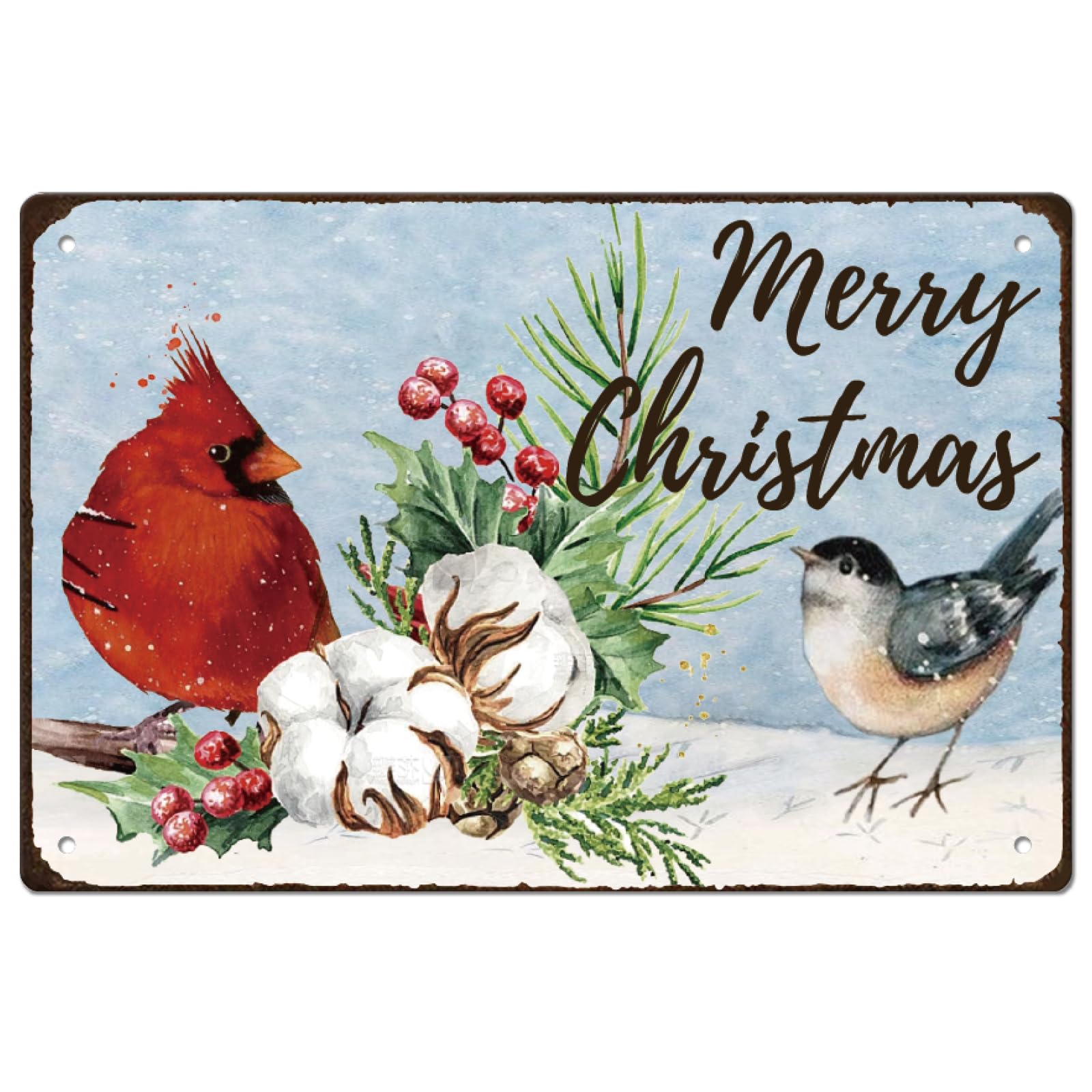 SUPERDANT Buon Natale Targhe In Metallo Uccelli Rossi Arte Vintage Ferro Rami Innevati Decorazioni Da Parete di Natale Citazioni Targa Decorazioni per La Camera Da Letto Retrò per Bar Ristoranti Caffè