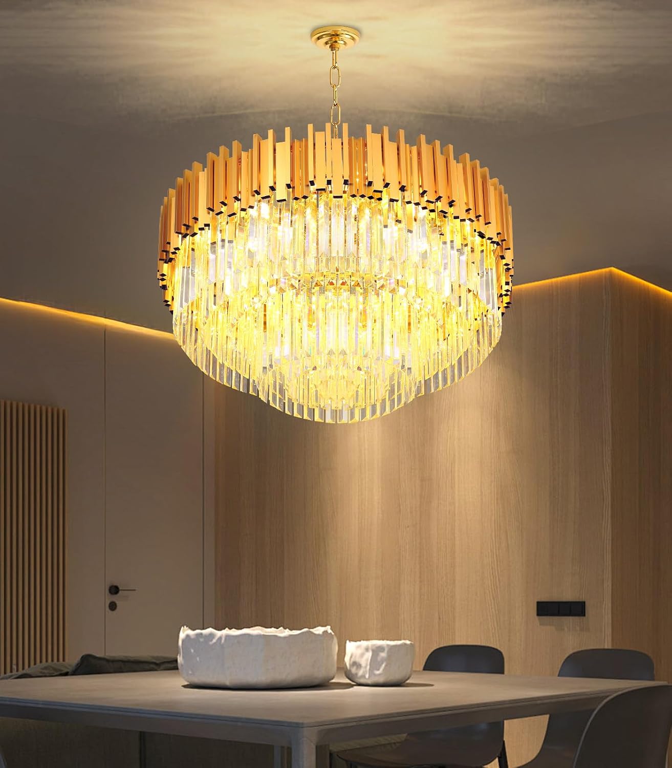 32" Large Crystal Chandelier Dining Room 2 Tiers Light Fixtures Chandelier Round Chandeliers for Living Room Kitchen Island Foyer Entryway Gold