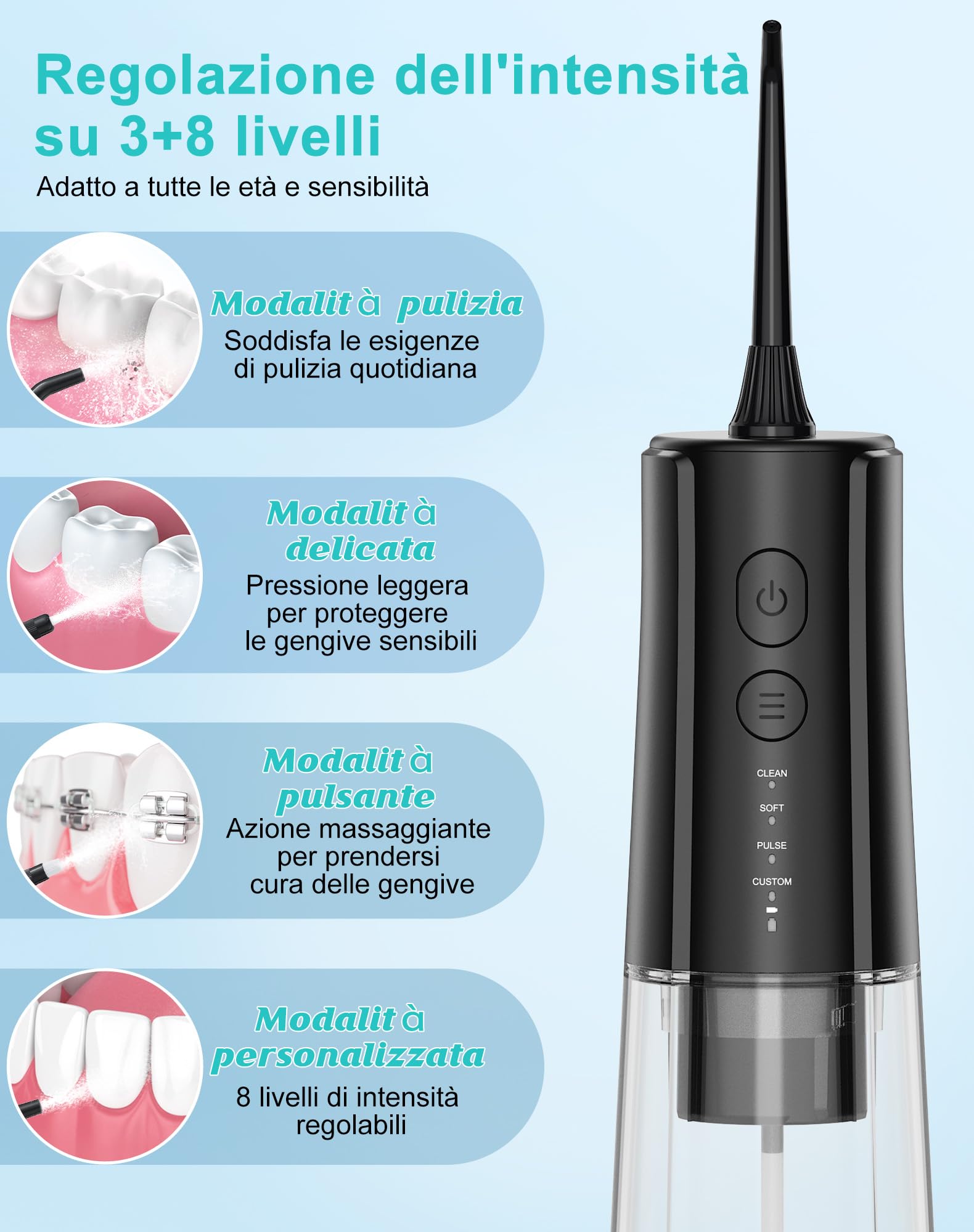 Idropulsore Dentale Portatile DIY, Irrigatore Orale 5 Modalità e 3 Intensità, Irrigatore Dentale Serbatoio 300ML, Ricarica USB, Impermeabile IPX7, Senza BPA, Silenzioso, per Viaggi e Casa