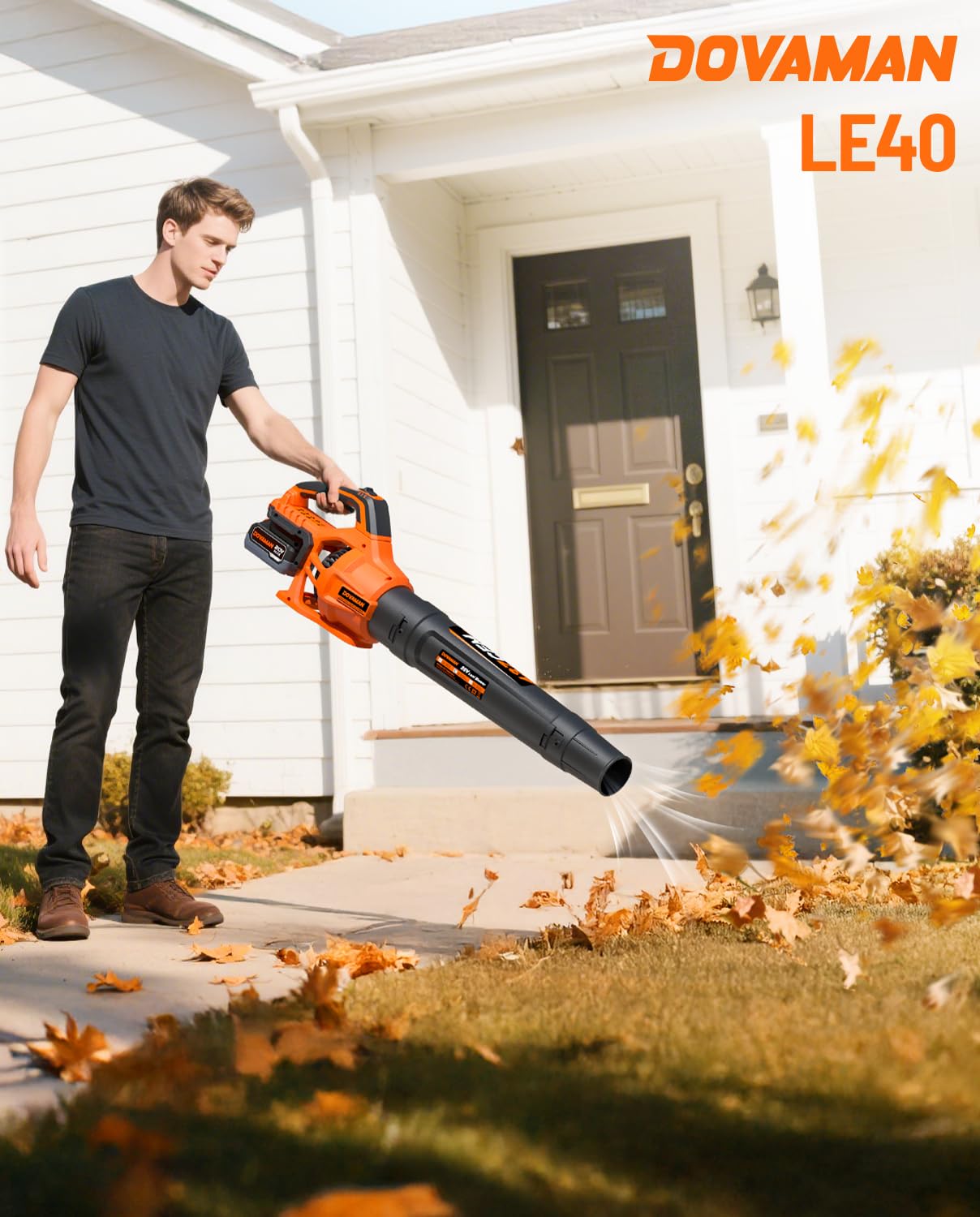 DOVAMAN Soplador de Hojas Inalámbrico 20V, Flujo de Aire Potente 744 m³/h, Batería 4.0Ah con Cargador Rápido, 2 Velocidades, Ligero y Portátil, Soplador para Jardín, Césped, Terraza y Garaje