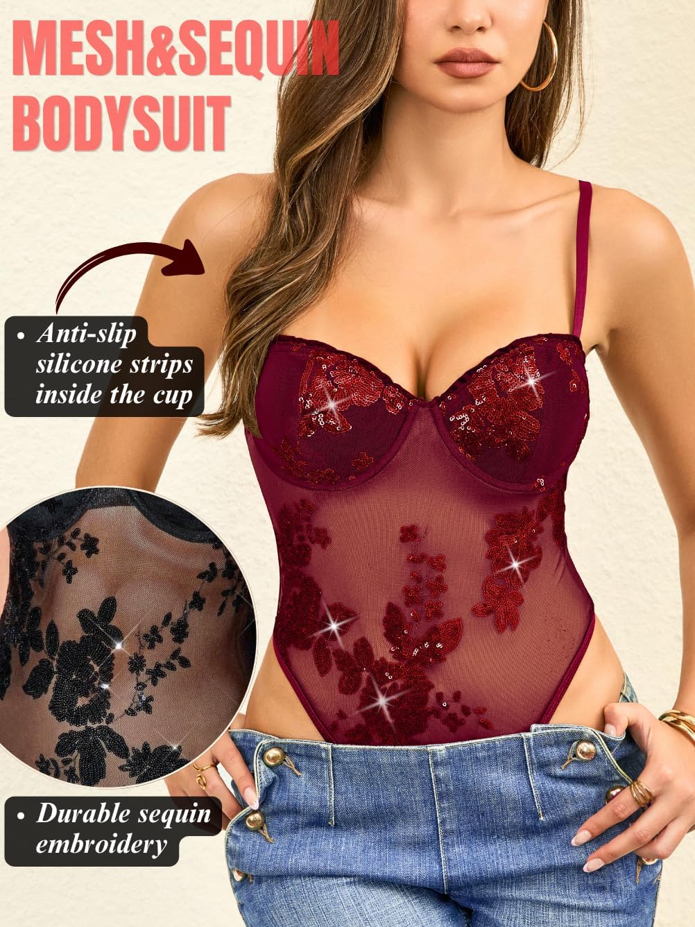 ChiaoLezhee Sequin Bodysuit For Women, Sheer Mesh High Cut, Sexy Outfit Going Out Club Tank Tops Thong Sparkly Beaded Concert
