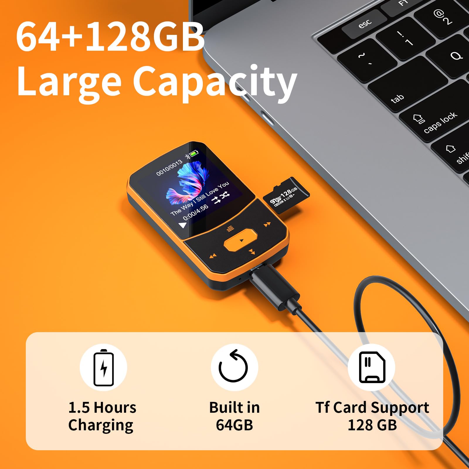 64Go Lecteur MP3 Bluetooth 5.3 Sport Mini-Design avec Clip, portabal baladeur mp3 avec Bouton de Volume indépendant,écran Couleur TFT 1,5 Pouces, Radio FM, podomètre, supporte jusqu'à 128Go Carte SD