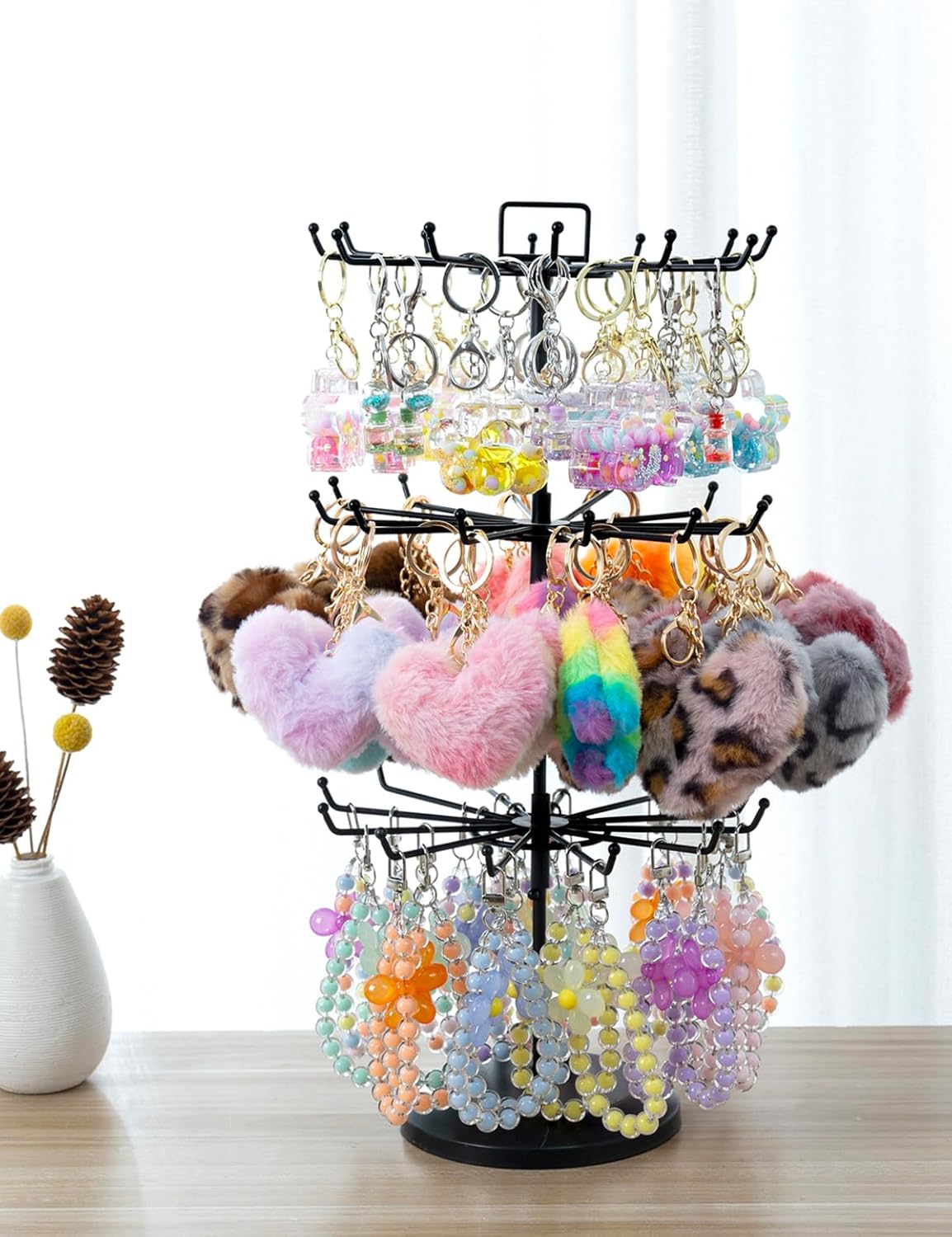 MyGift 3 Tier Classic Large Black Metal Jewelry Tree Holder Organizer with 360 Degree Rotating Arms, Spinning Necklace and Bracelet Tower Display Stand with 36 Hooks and Top Card Holder For storage - Image 6