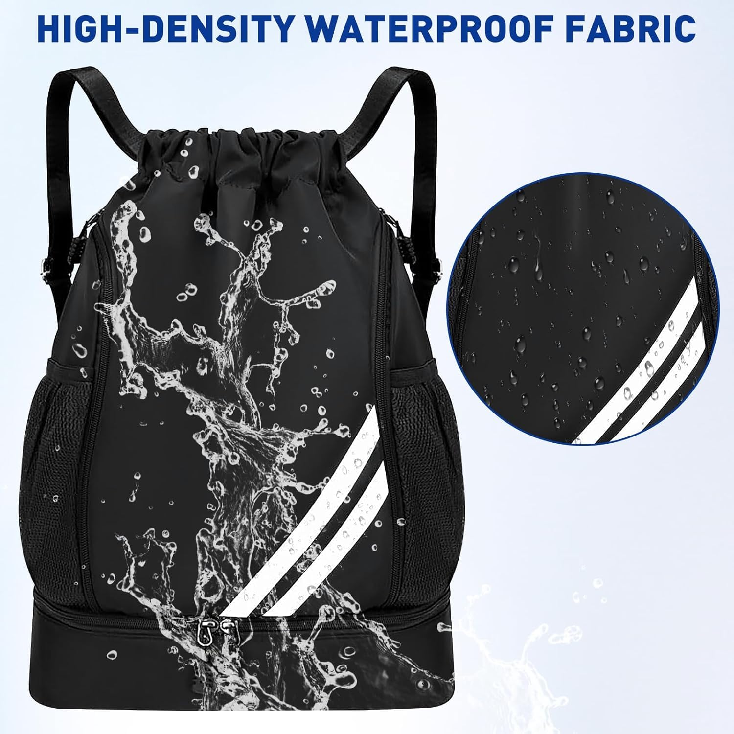 Zorplex Borsa da palestra con coulisse, zaino sportivo resistente all'acqua di grandi dimensioni con scomparto per scarpe, cerniera e tasche in rete per bottiglie d'acqua per sport, nuoto, viaggi