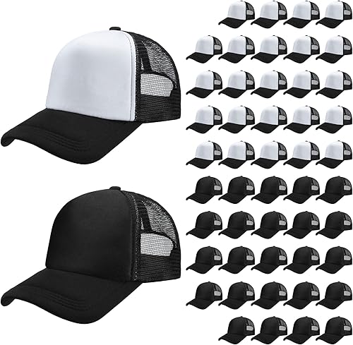 Lasnten Paquete de 48 gorras unisex de camionero en blanco para sublimación, gorras de béisbol ajustables de malla de poliéster liso a granel para