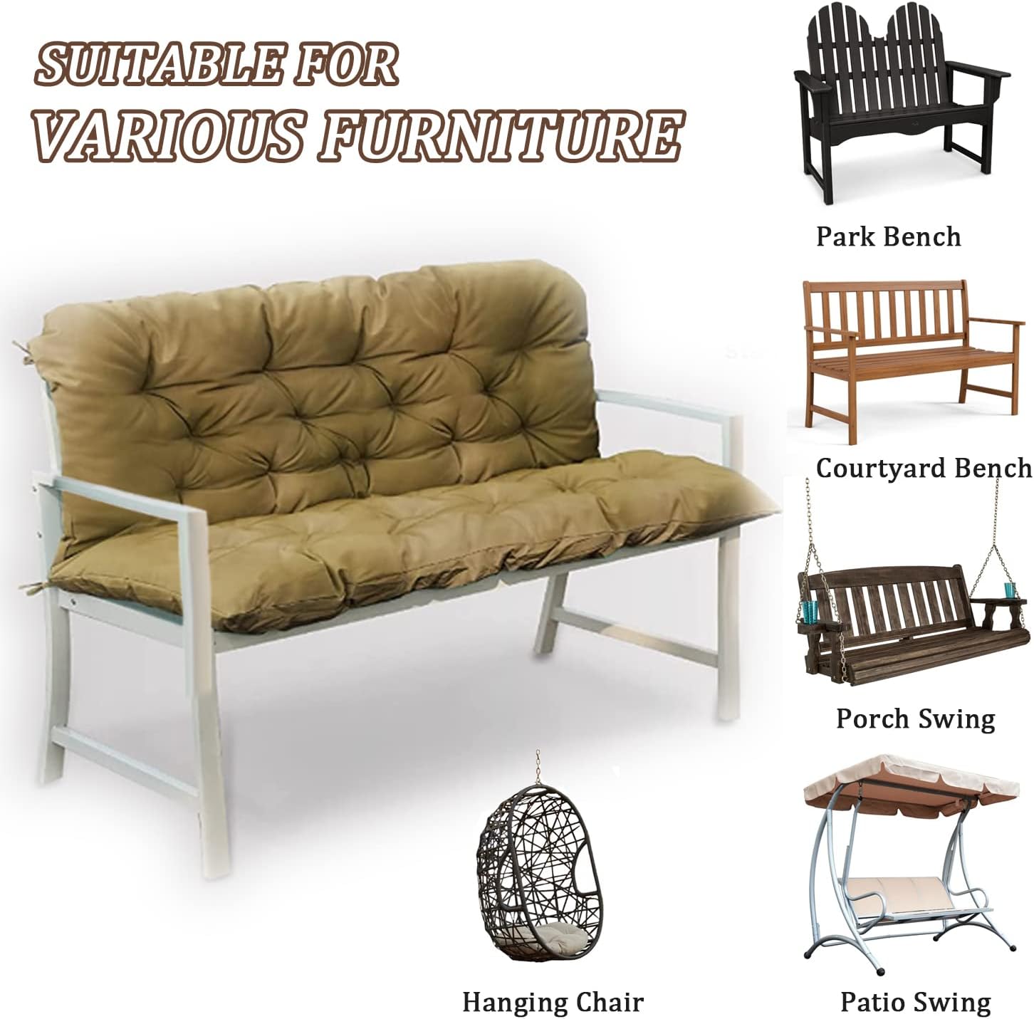 Replacement Cushions for Swing, Waterproof Porch Swing Cushion, 2-3 Seat Replacement Swing Seat Cushion with Backrest and Ties for Patio Backyard Porch Garden (40x60 in, Beige)