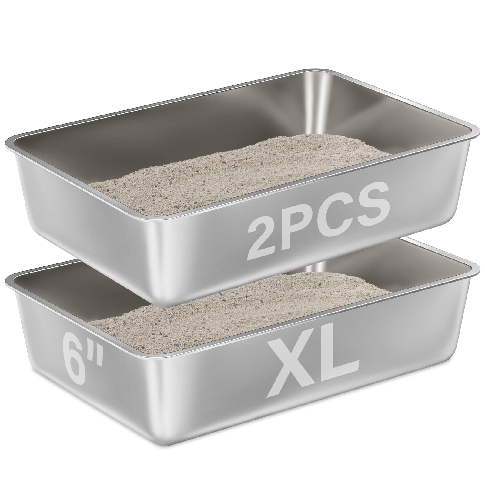 EGMEHOAD Stainless Steel Cat Litter Box 2 Pack,XL Metal Litter Box for Big Cats, Cat LitterBox Metal Pet Toilet Easy to Clean,High Sided Litters Boxes
