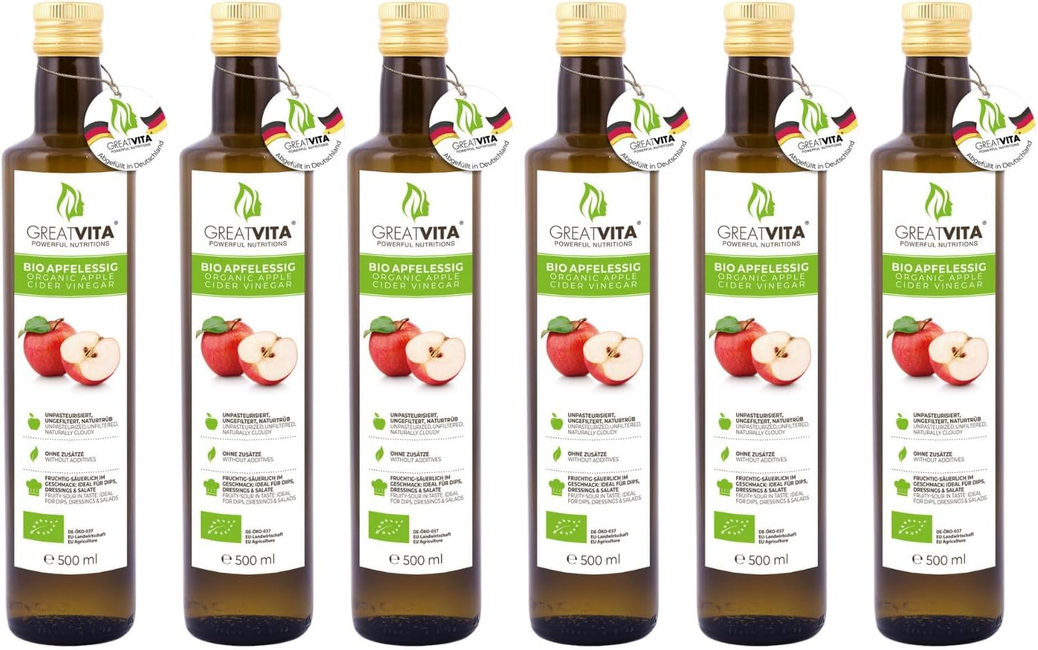 GreatVita Biologische appelciderazijn, troebel en ongefilterd met azijnmoer, 100% biologische kwaliteit uit gecontroleerde biologische teelt, vrij van kunstmatige additieven, rauwkostkwaliteit, 500