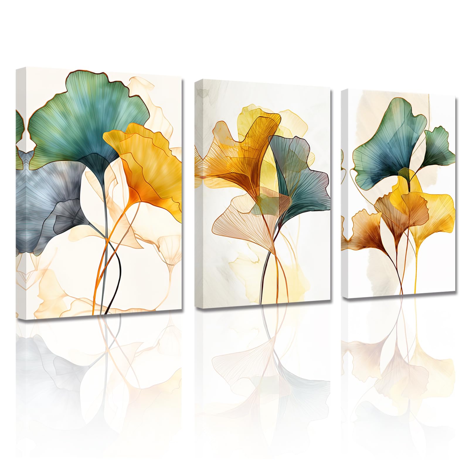 LZIMU Abstract Canvas Wall Art 3 Panels Green Yellow Gold Ginkgo Biloba Leaf Picture Prints Nordic Painting for Bedroom Home Decor Framed (Abstract-1