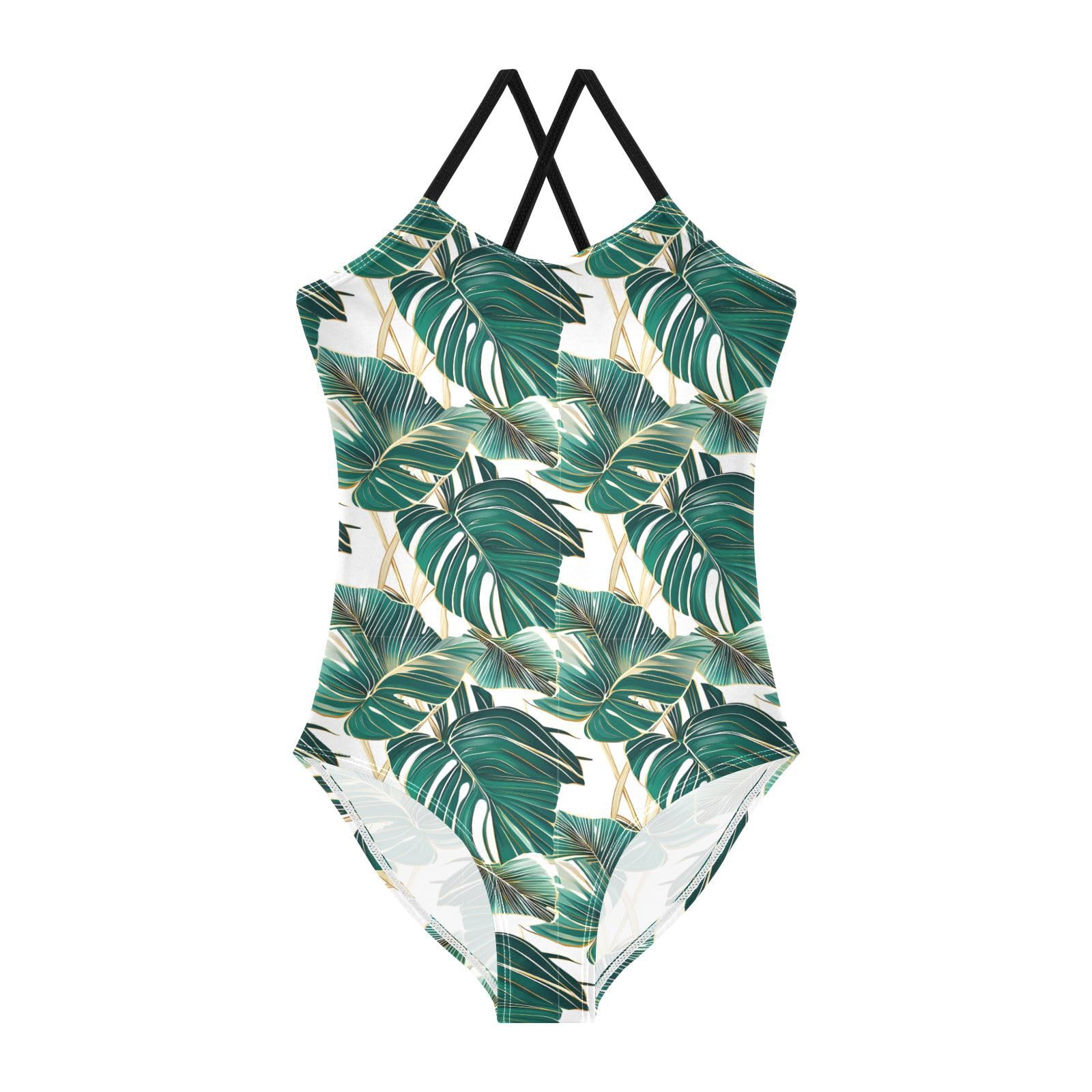 Tropical Leaves Girls One Piece Swimsuits Summer Quick Dry Beach Bathing Suit, 7-8T