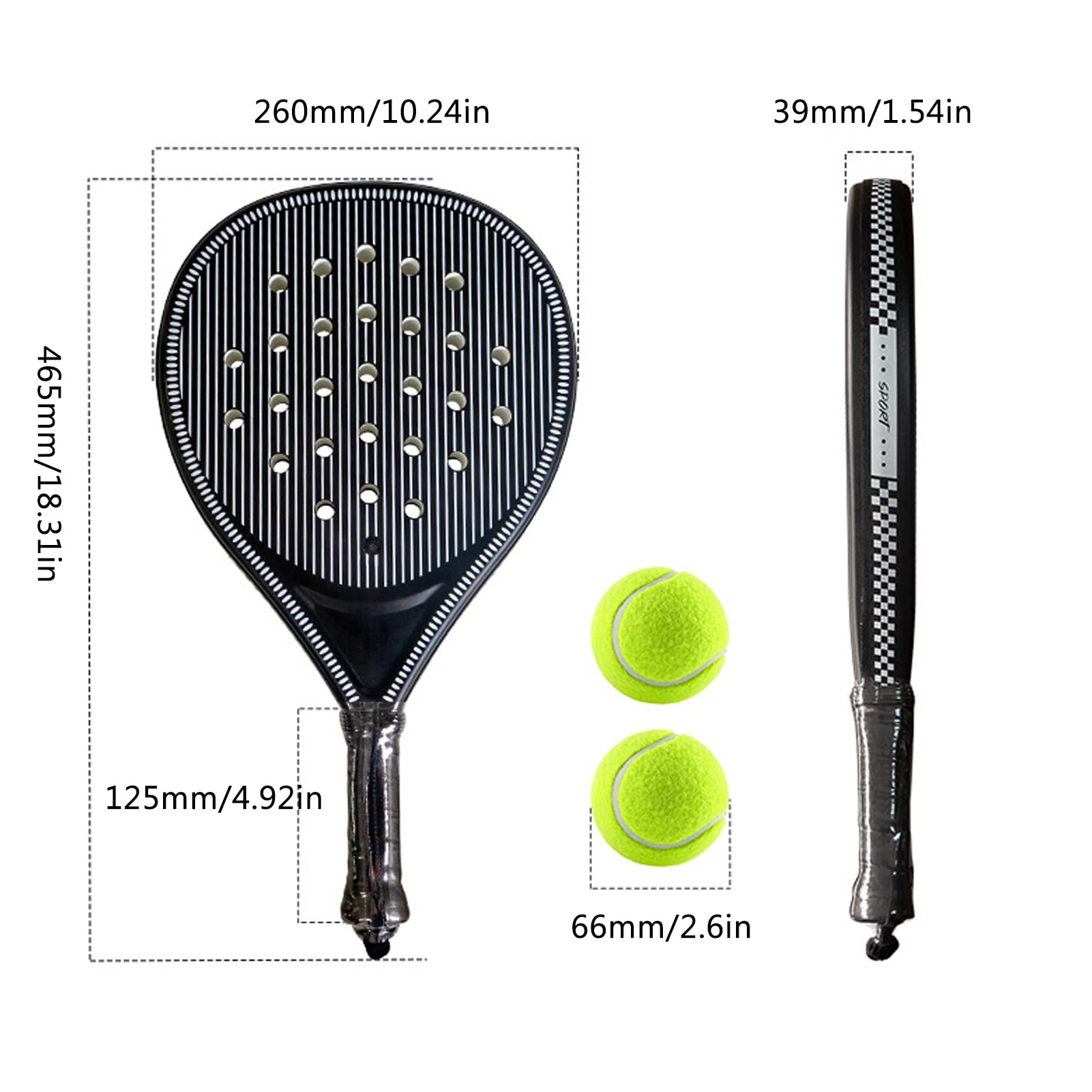Racchetta da Padel con Set da Tennis, Struttura in ABS Pro EVA Core 46,5x26x3,9 Cm 66 Mm Palla per Giochi di Famiglia All'aperto