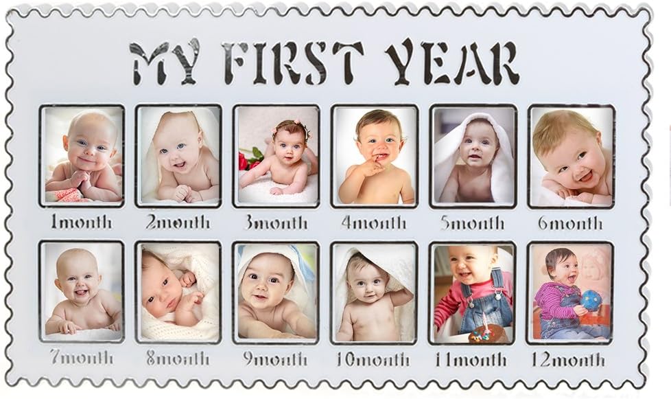 Baby Growth Collage | Prime Grade Wood and Glass Baby 12-Month Timeline Picture Frame for Baby’s First Year Keepsake | Securely Hold 13 Photos of Memory and Moment (White)
