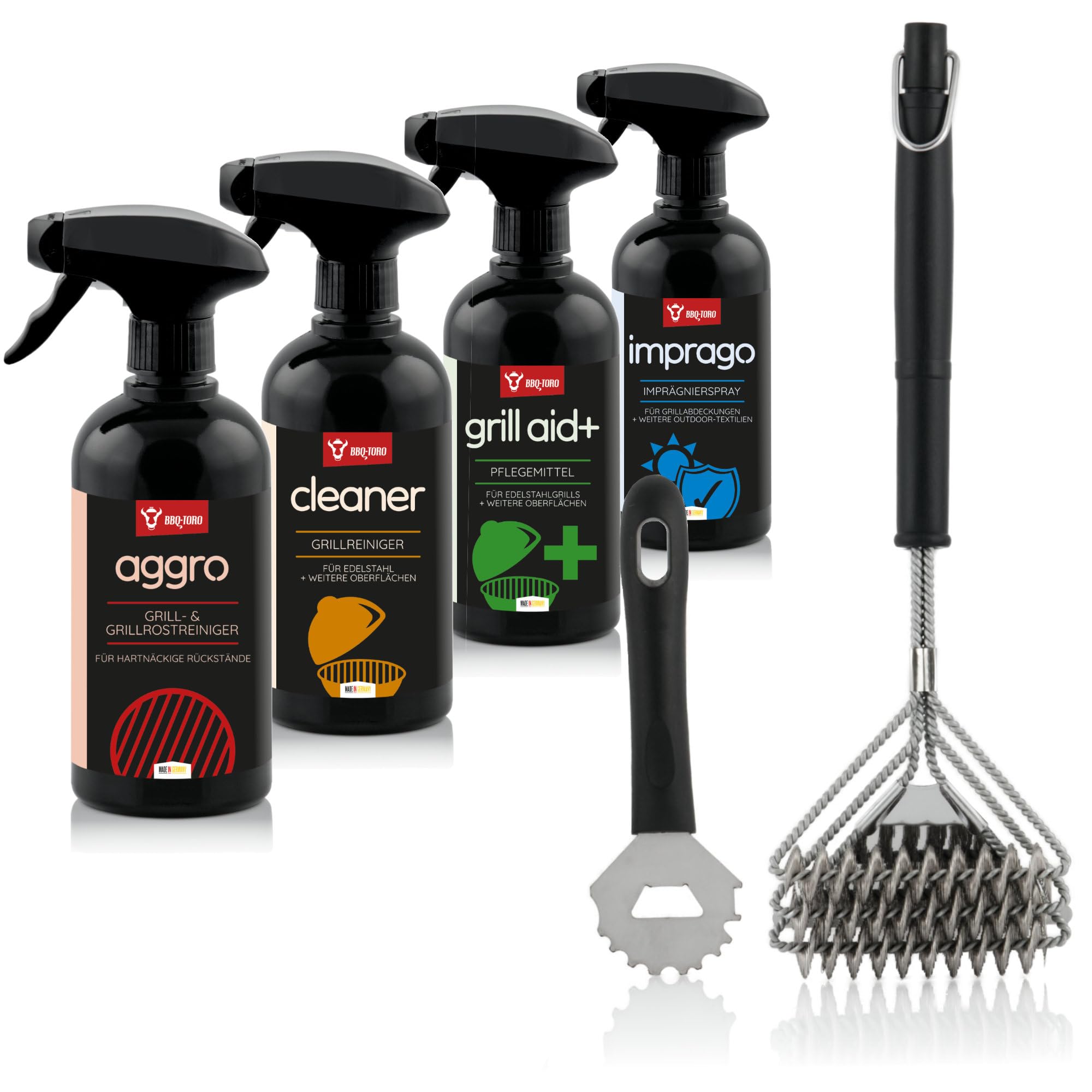 BBQ-Toro 6-częściowy uniwersalny zestaw do pielęgnacji grilla ze szczotką do grilla i skrobakiem | środek czyszczący Aggro, środek do czyszczenia grilla, spray do pielęgnacji grilla aid+, spray