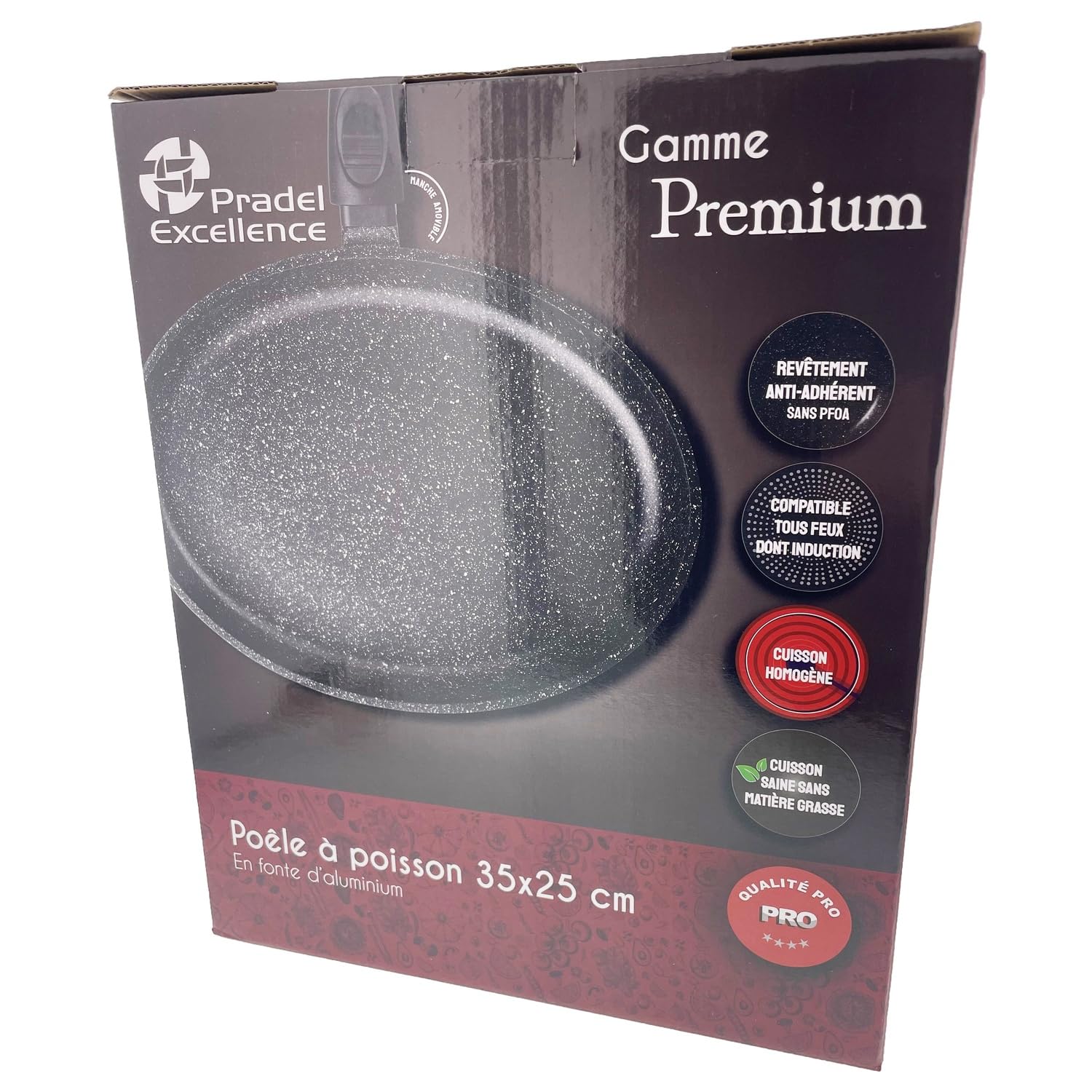 Pradel Excellence - PCUI001023 - Poêle à Poisson en Fonte d'Aluminium Premium 35x4,5cm - Revêtement Anti-Adhésif Façon Pierre - Manche Amovible - Tout Feu, Noir