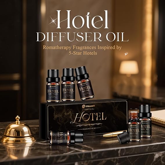 Waterless Diffuser + 6 pcs Hotel Diffuser Oil, Cold Air Scent Diffuser with Night Light, Waterless Essential Oil Diffuser for Homes, Offices, Hotels - Covers 1500 Sq Ft - Black