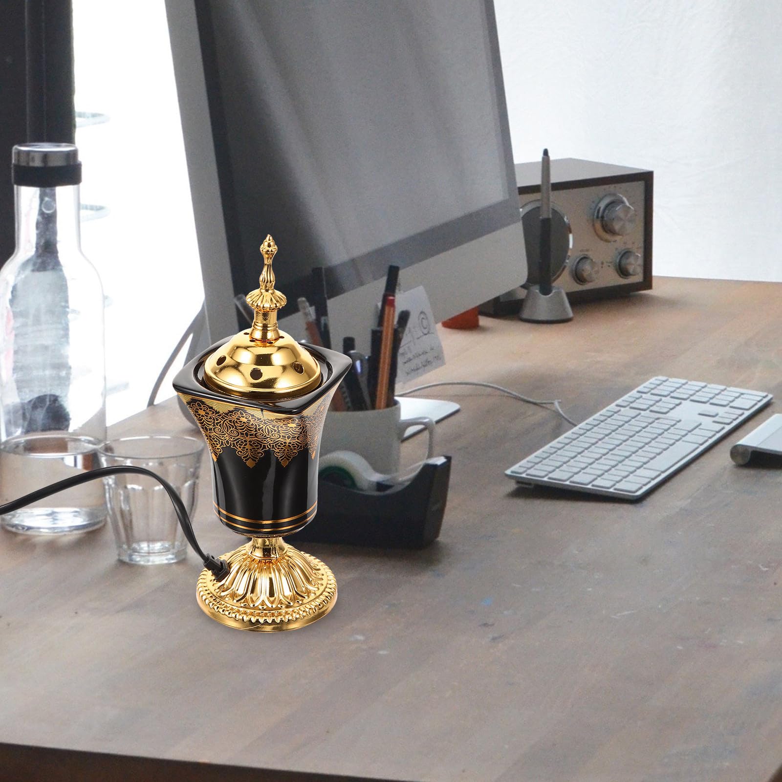 Quemador de Incienso Eléctrico Decorativo de Escritorio, Estilo Árabe Negro
